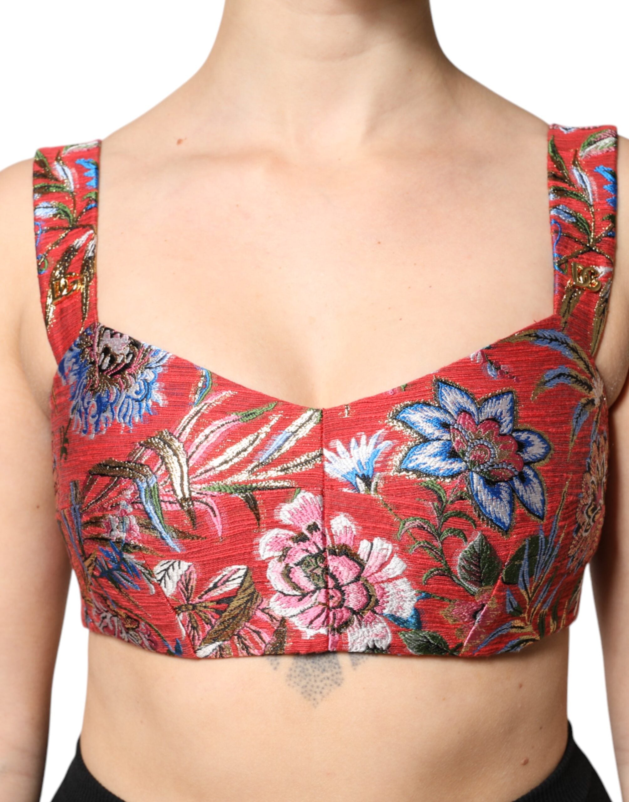 Dolce &amp; Gabbana Rød Blomster Brocade Cropped Bustier Corset Top