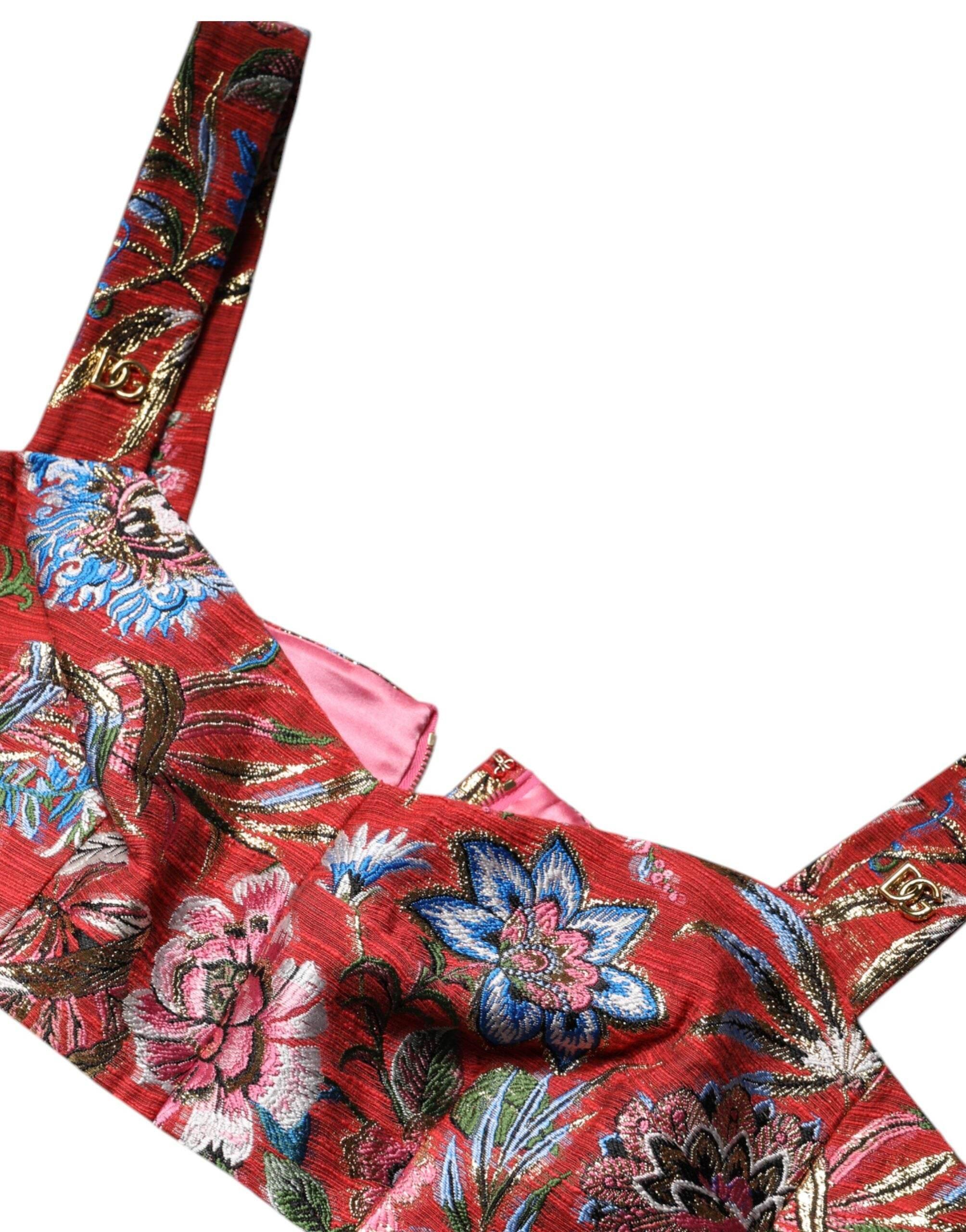 Dolce & Gabbana Red Floral Brocade Cropped Bustier Corset Top - Hilstor