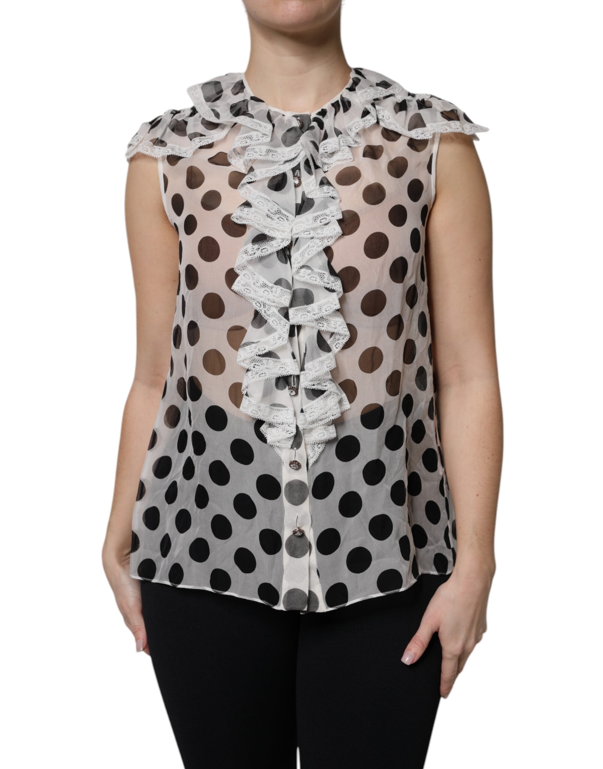 Dolce &amp; Gabbana Hvid Sort Polka Dot Bomuld ærmeløs top