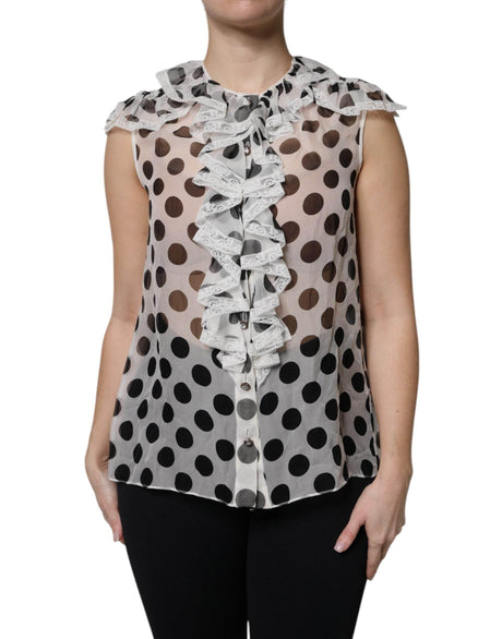 Dolce & Gabbana White Black Polka Dot Cotton Sleeveless Top - Hilstor
