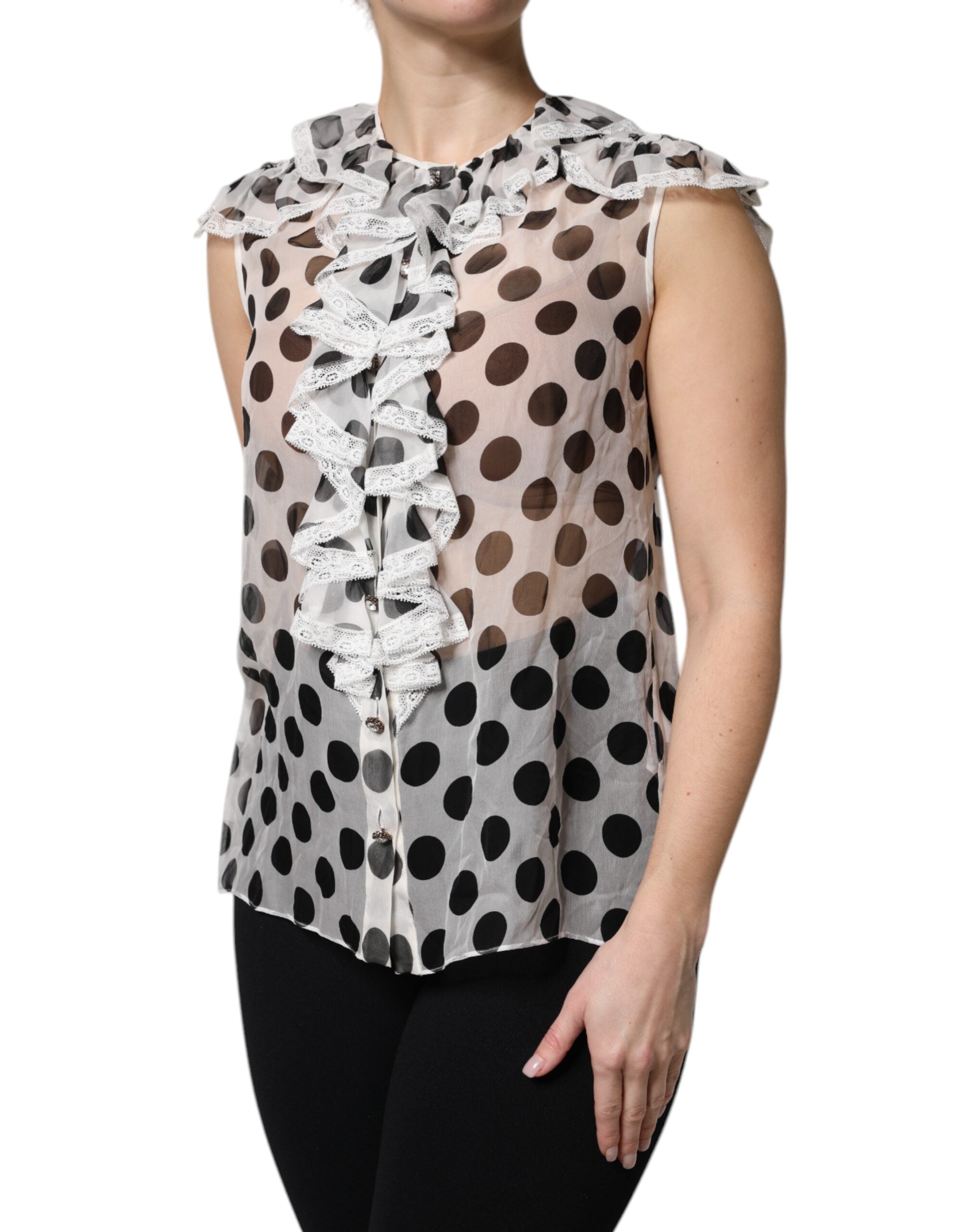 Dolce &amp; Gabbana Hvid Sort Polka Dot Bomuld ærmeløs top