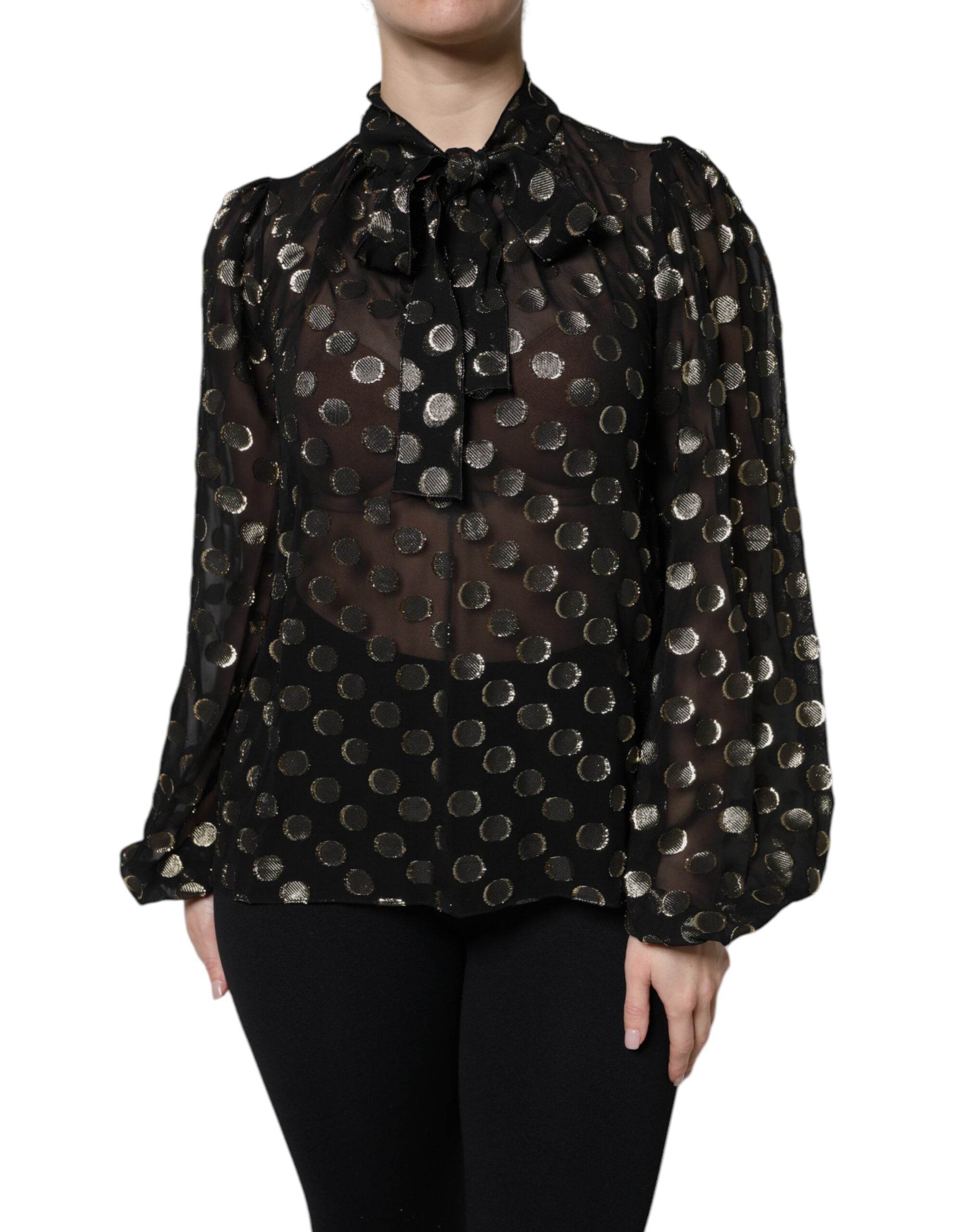 Dolce & Gabbana Black Sheer Tied Neck Polka Dots Blouse Top - Hilstor
