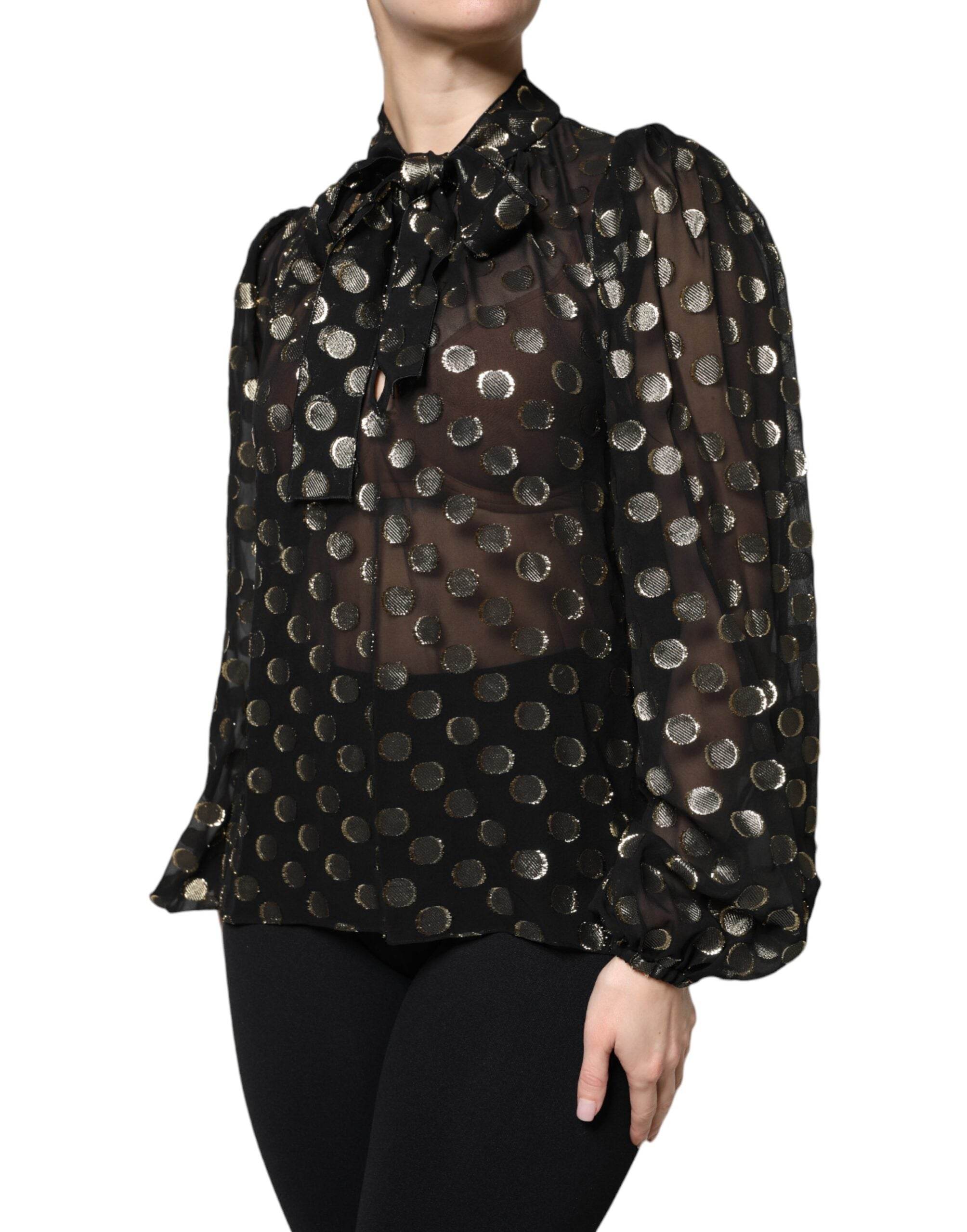 Dolce & Gabbana Black Sheer Tied Neck Polka Dots Blouse Top - Hilstor