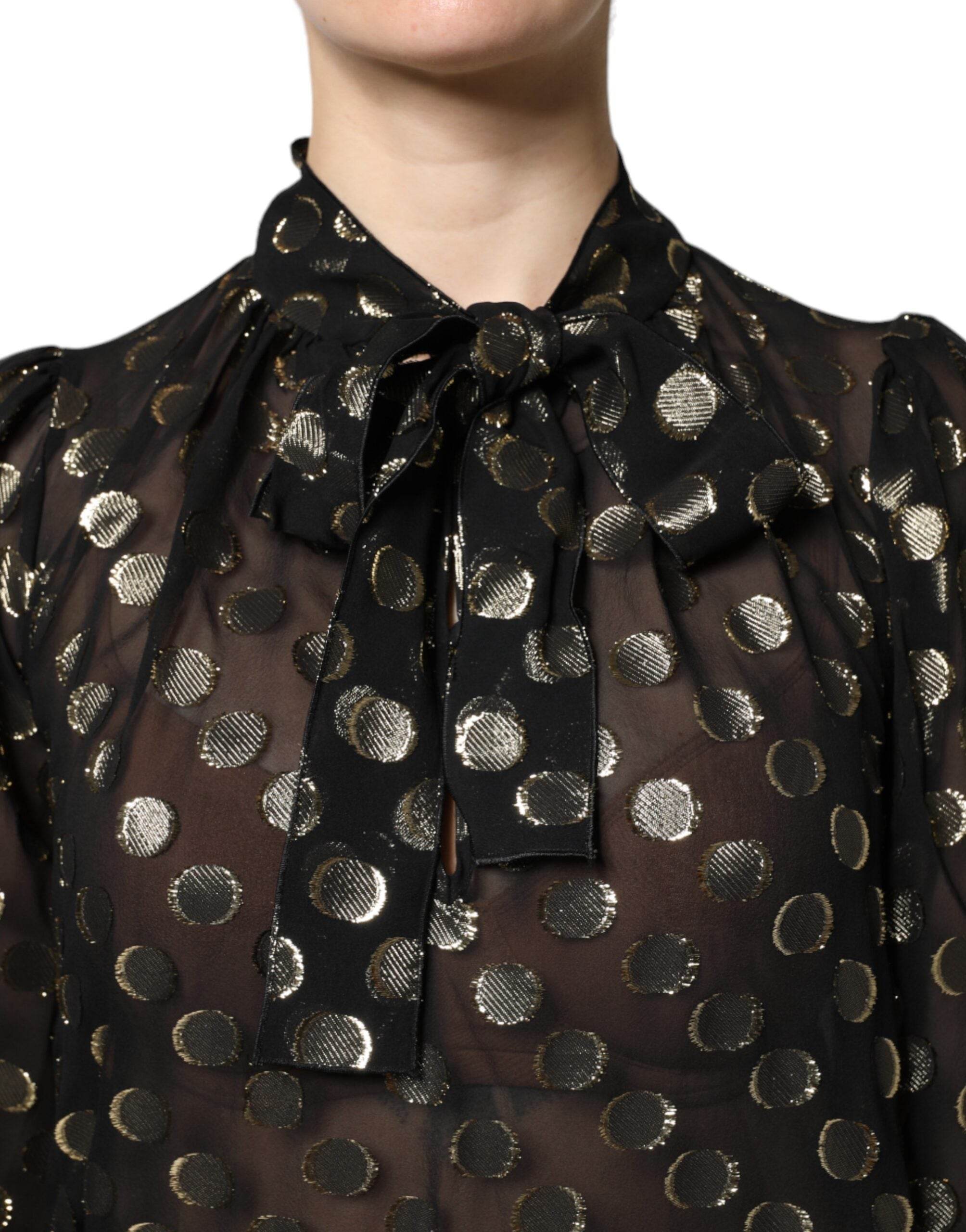 Dolce & Gabbana Black Sheer Tied Neck Polka Dots Blouse Top - Hilstor