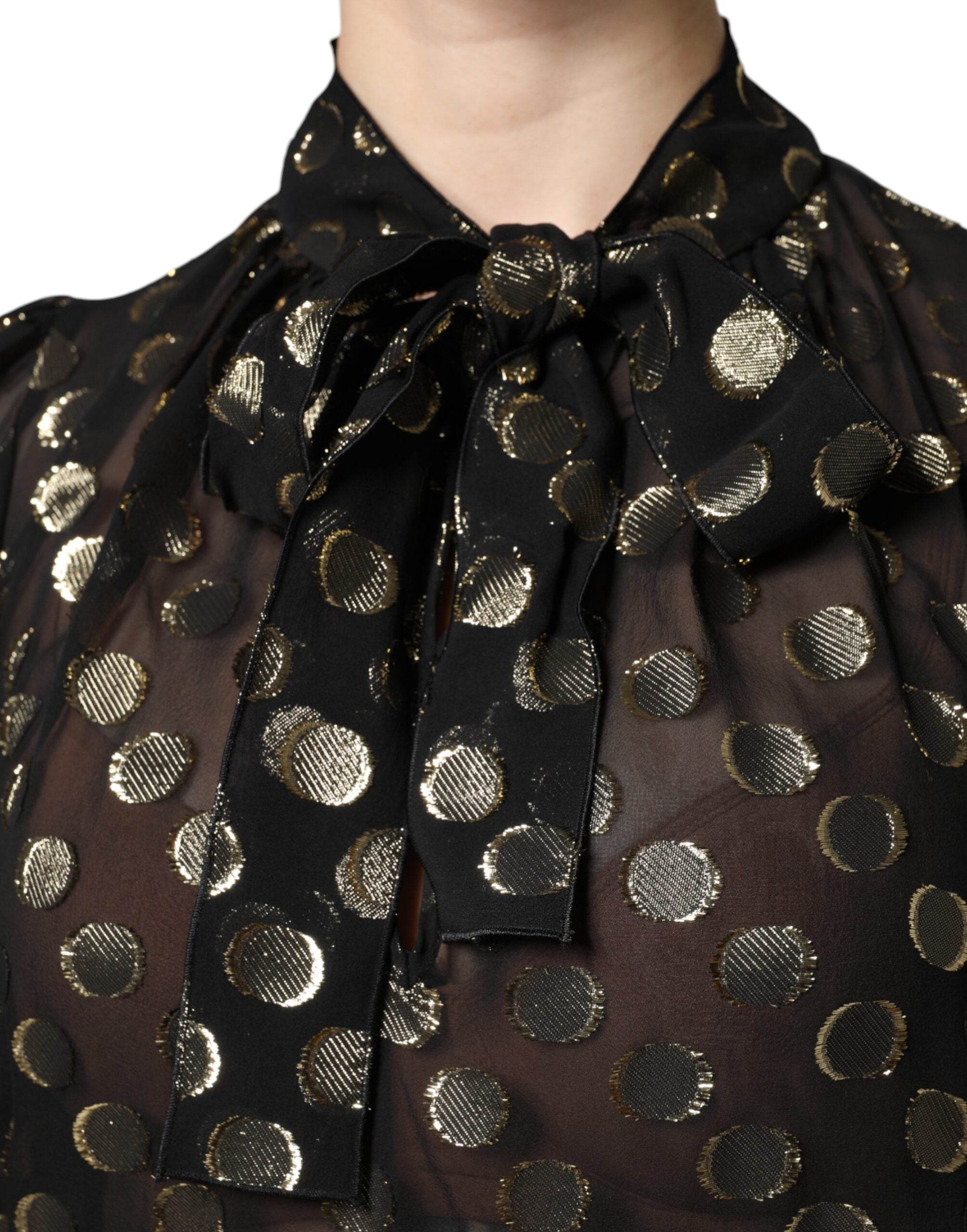 Dolce & Gabbana Black Sheer Tied Neck Polka Dots Blouse Top - Hilstor