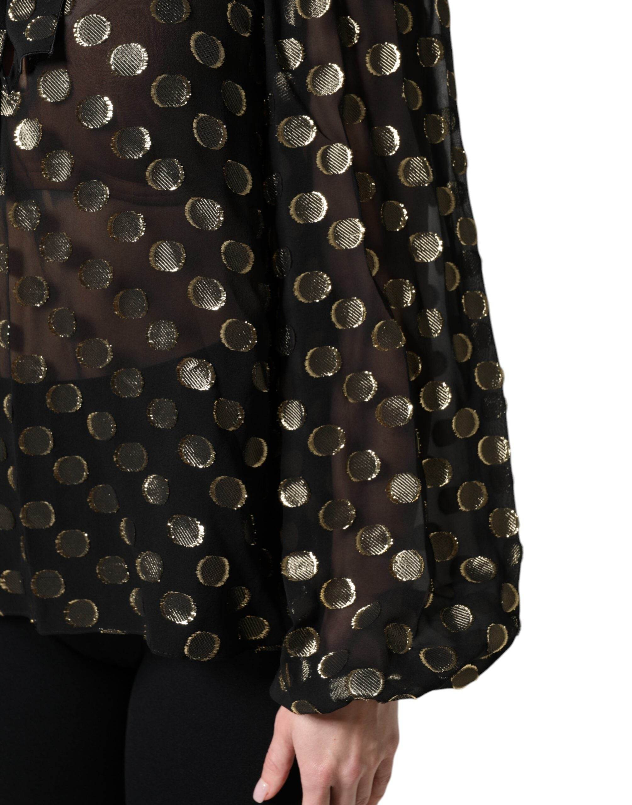 Dolce & Gabbana Black Sheer Tied Neck Polka Dots Blouse Top - Hilstor