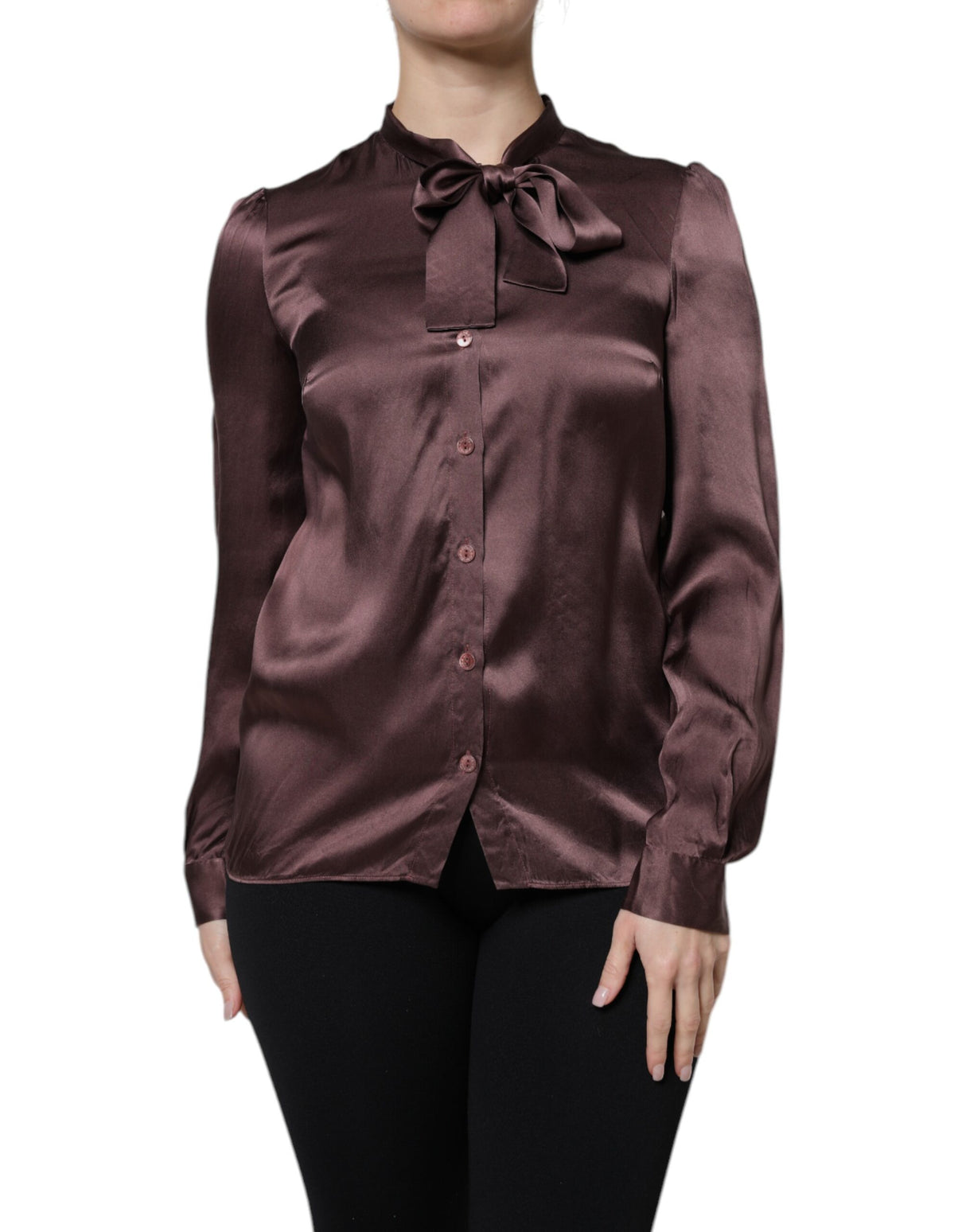 Dolce &amp; Gabbana Brown Ascot Collar langærmet blusetop