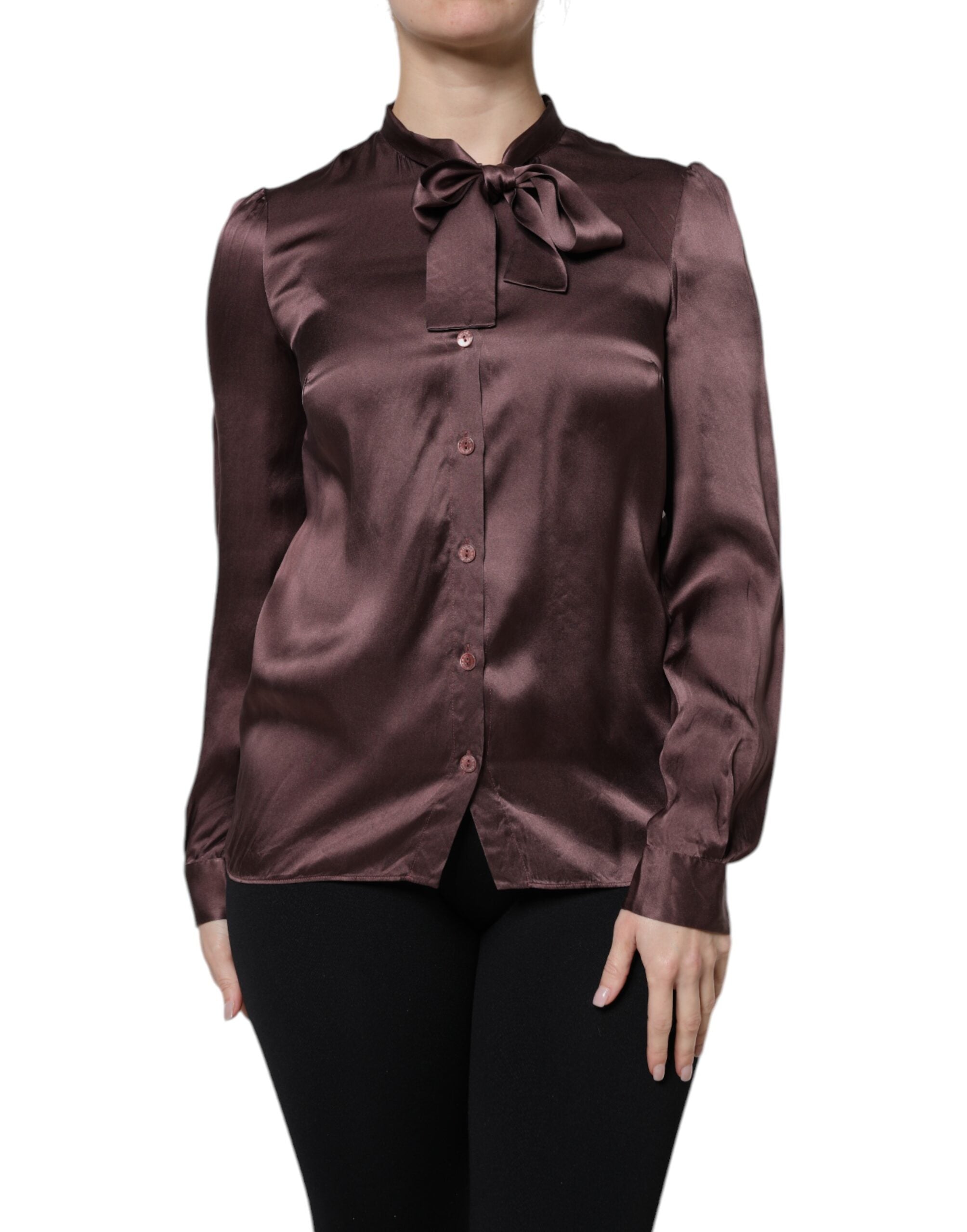 Dolce &amp; Gabbana Brown Ascot Collar langærmet blusetop
