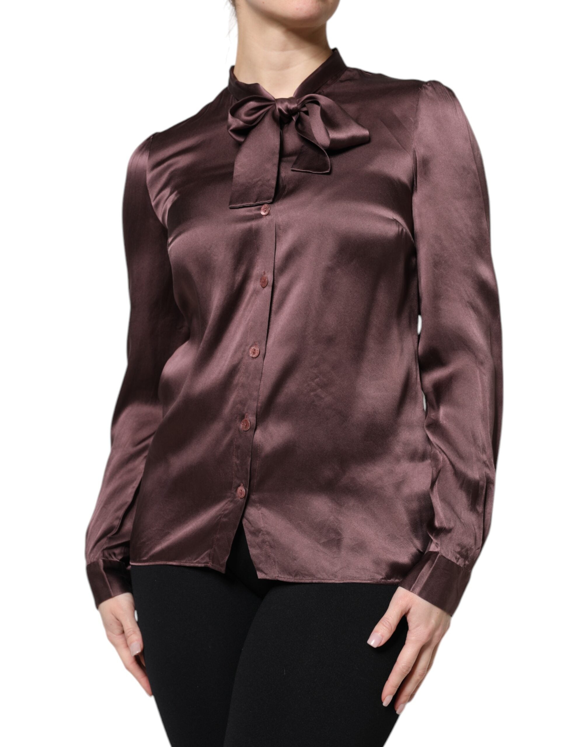 Dolce &amp; Gabbana Brown Ascot Collar langærmet blusetop