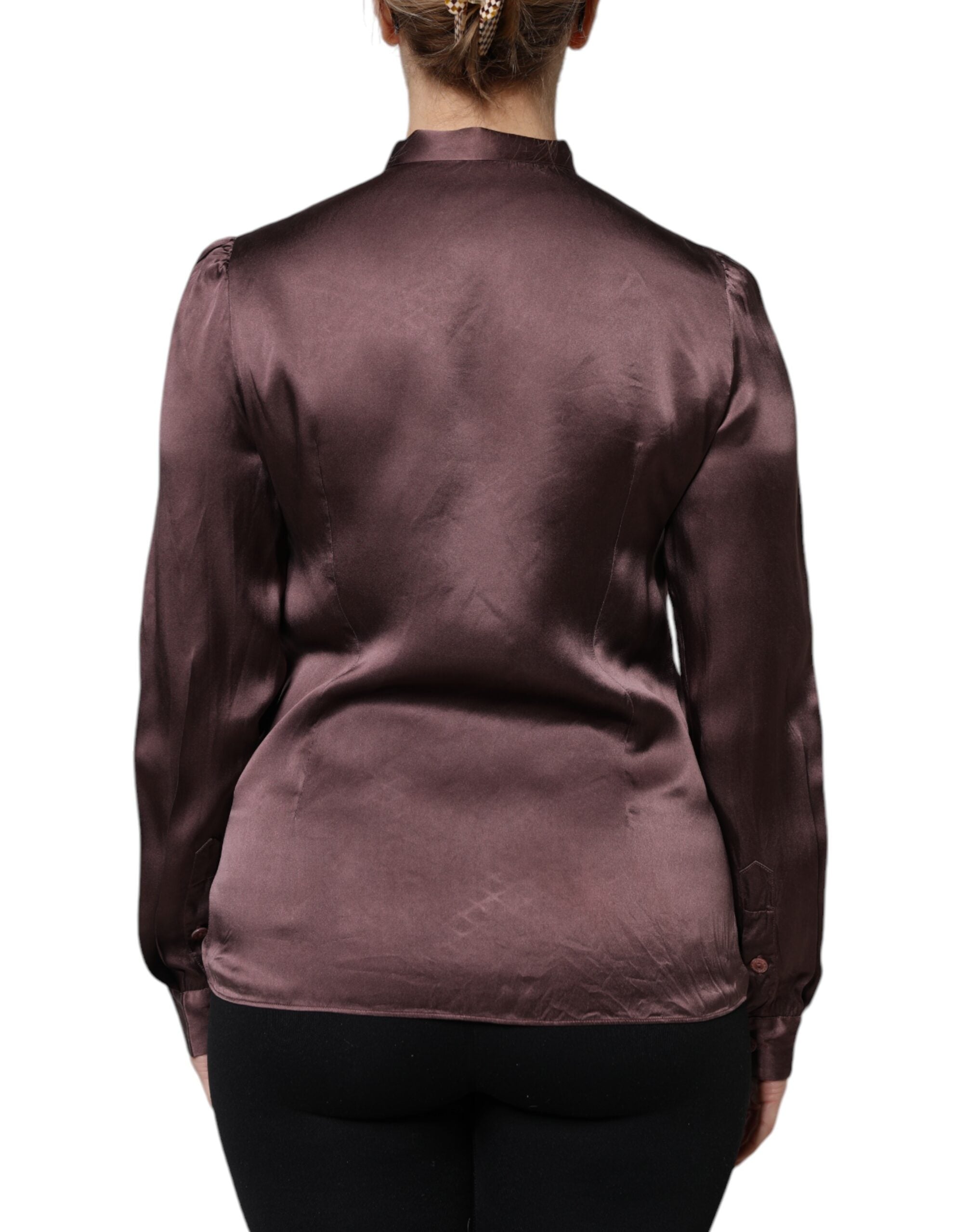 Dolce &amp; Gabbana Brown Ascot Collar langærmet blusetop