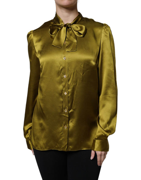 Dolce & Gabbana Olive Green Ascot Collar Long Sleeve Blouse Top - Hilstor