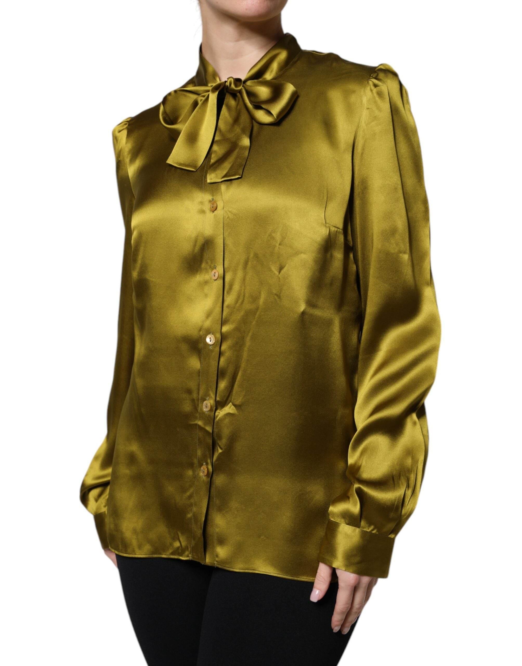 Dolce & Gabbana Olive Green Ascot Collar Long Sleeve Blouse Top - Hilstor