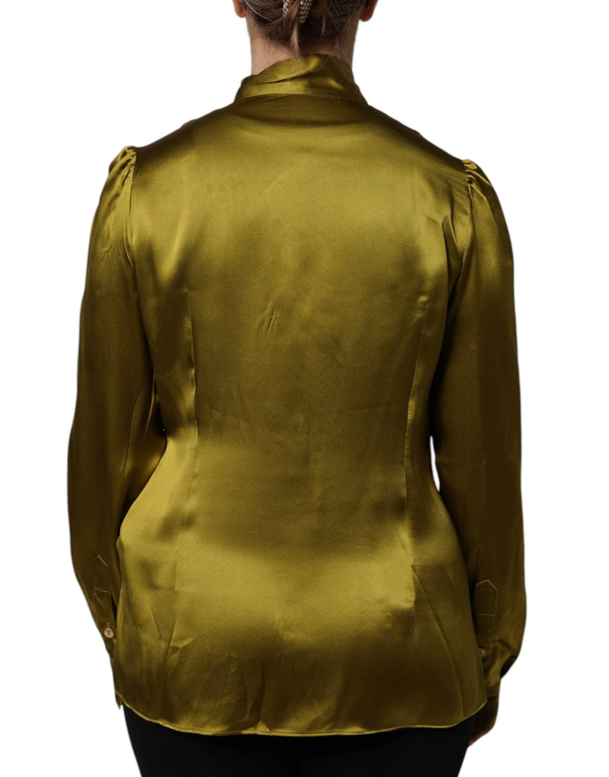 Dolce & Gabbana Olive Green Ascot Collar Long Sleeve Blouse Top - Hilstor