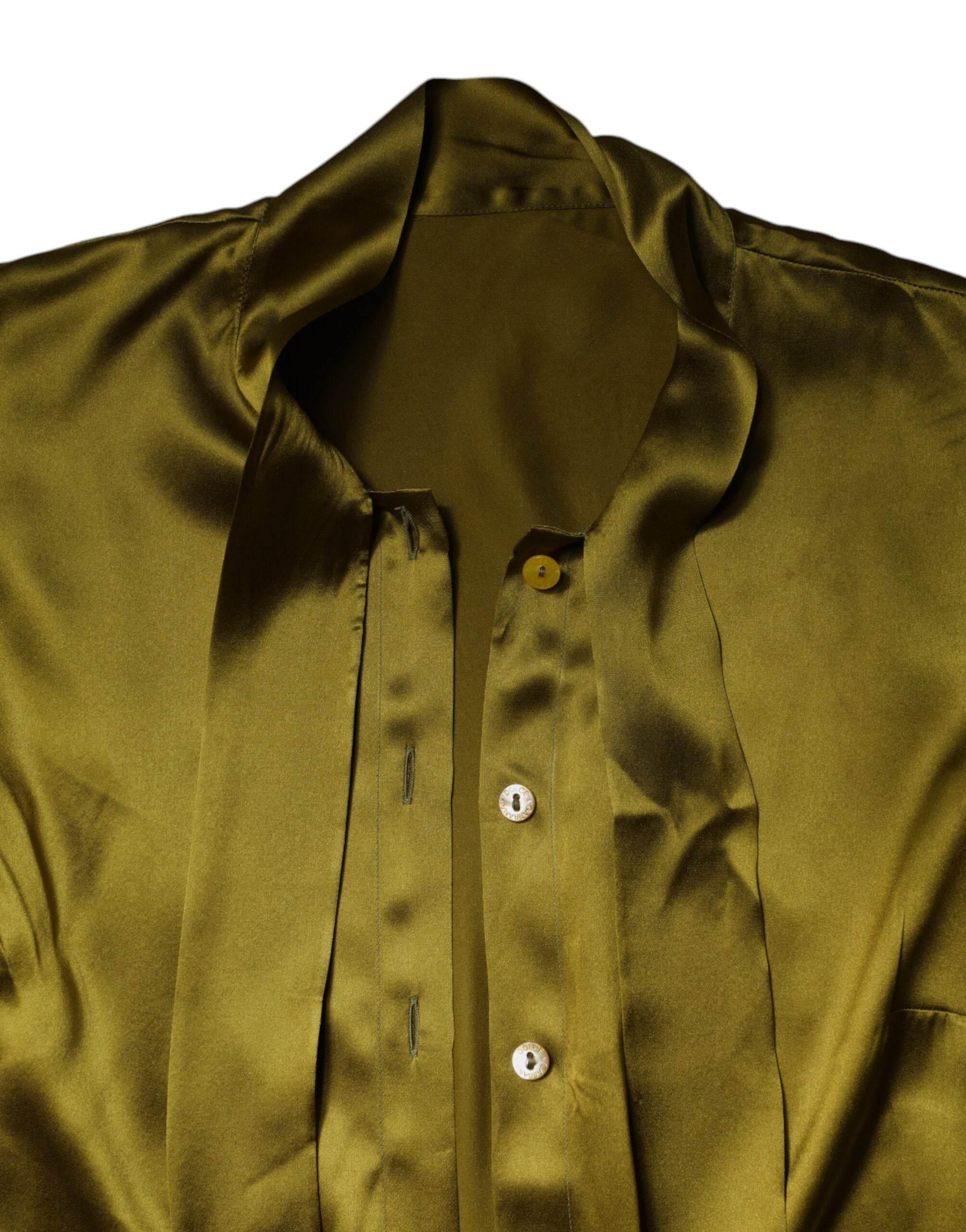 Dolce & Gabbana Olive Green Ascot Collar Long Sleeve Blouse Top - Hilstor
