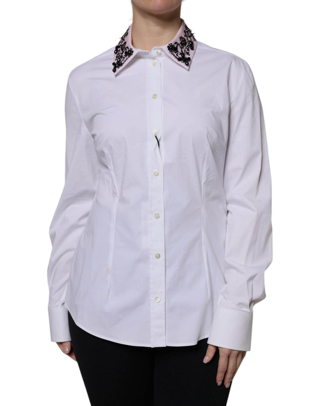 Dolce & Gabbana White Embellished Collared Dress Shirt Top - Hilstor