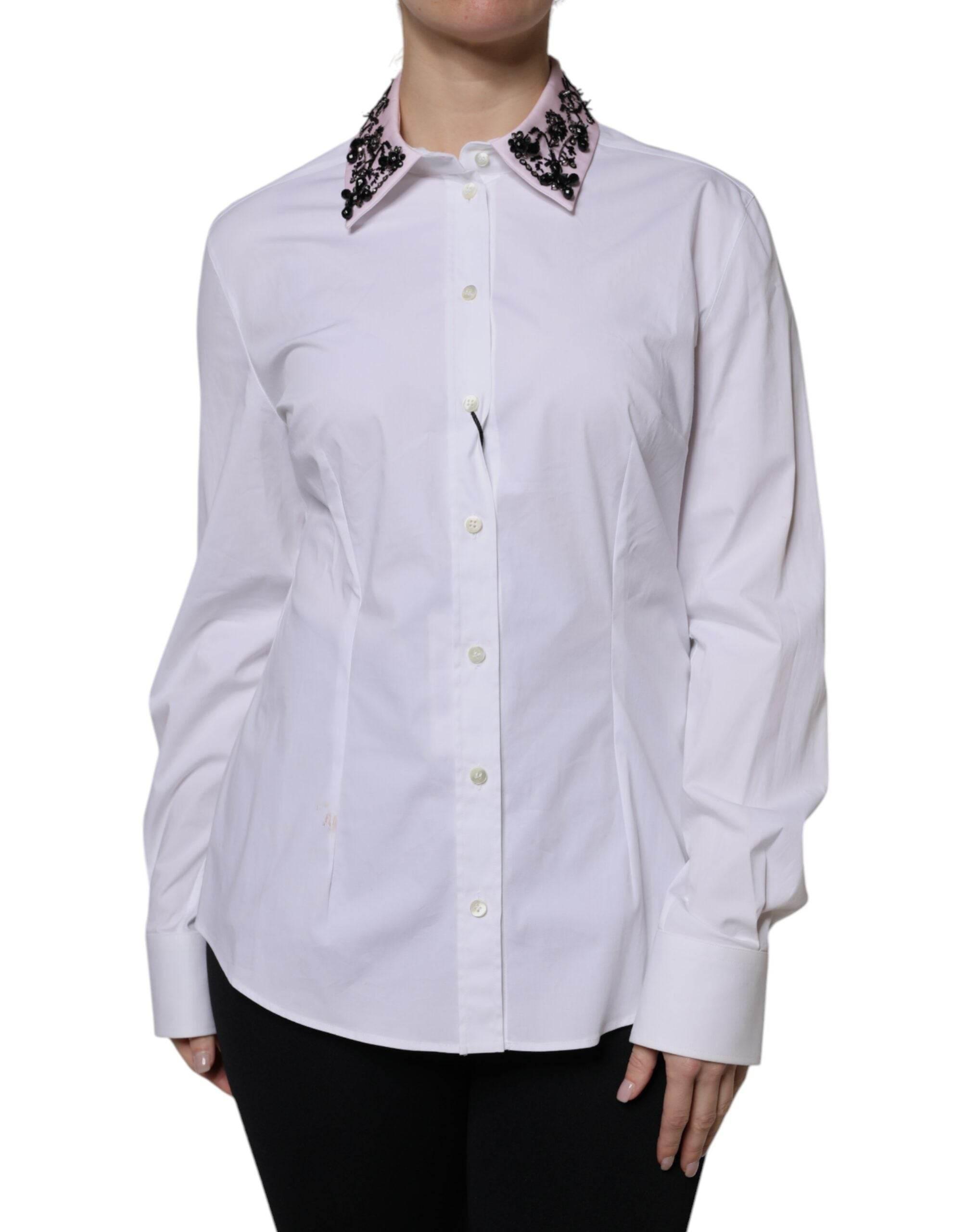 Dolce & Gabbana White Embellished Collared Dress Shirt Top - Hilstor