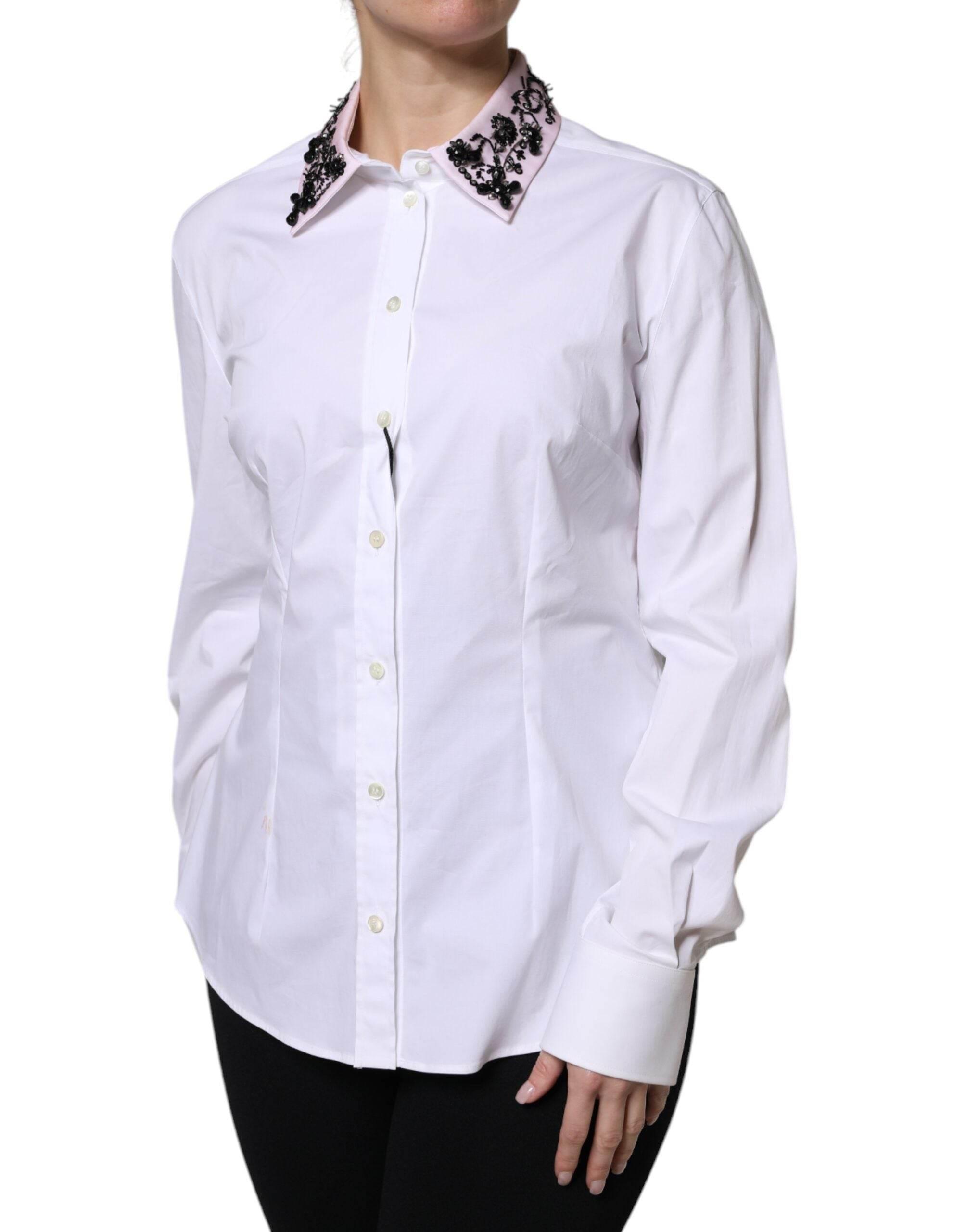 Dolce & Gabbana White Embellished Collared Dress Shirt Top - Hilstor