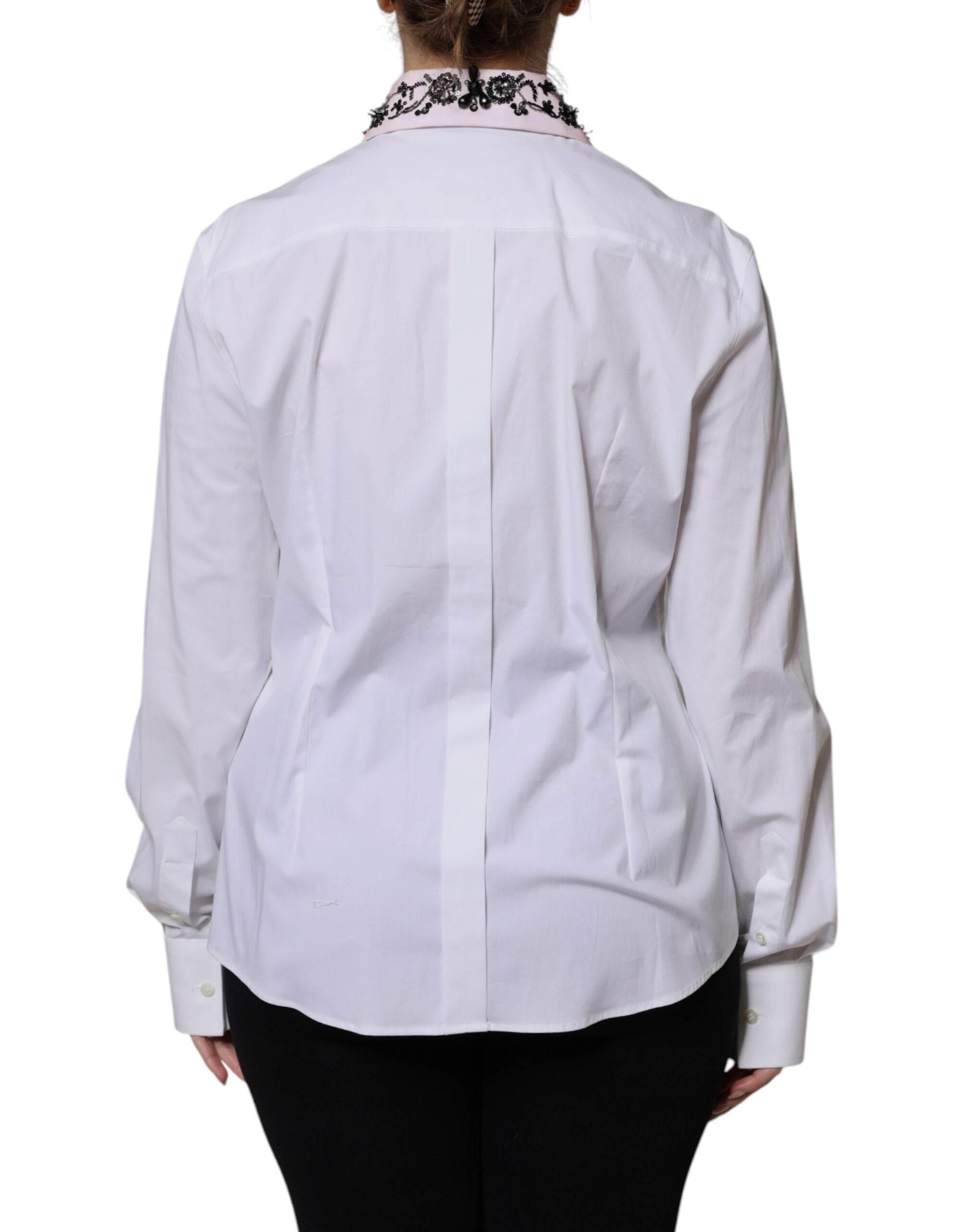 Dolce & Gabbana White Embellished Collared Dress Shirt Top - Hilstor