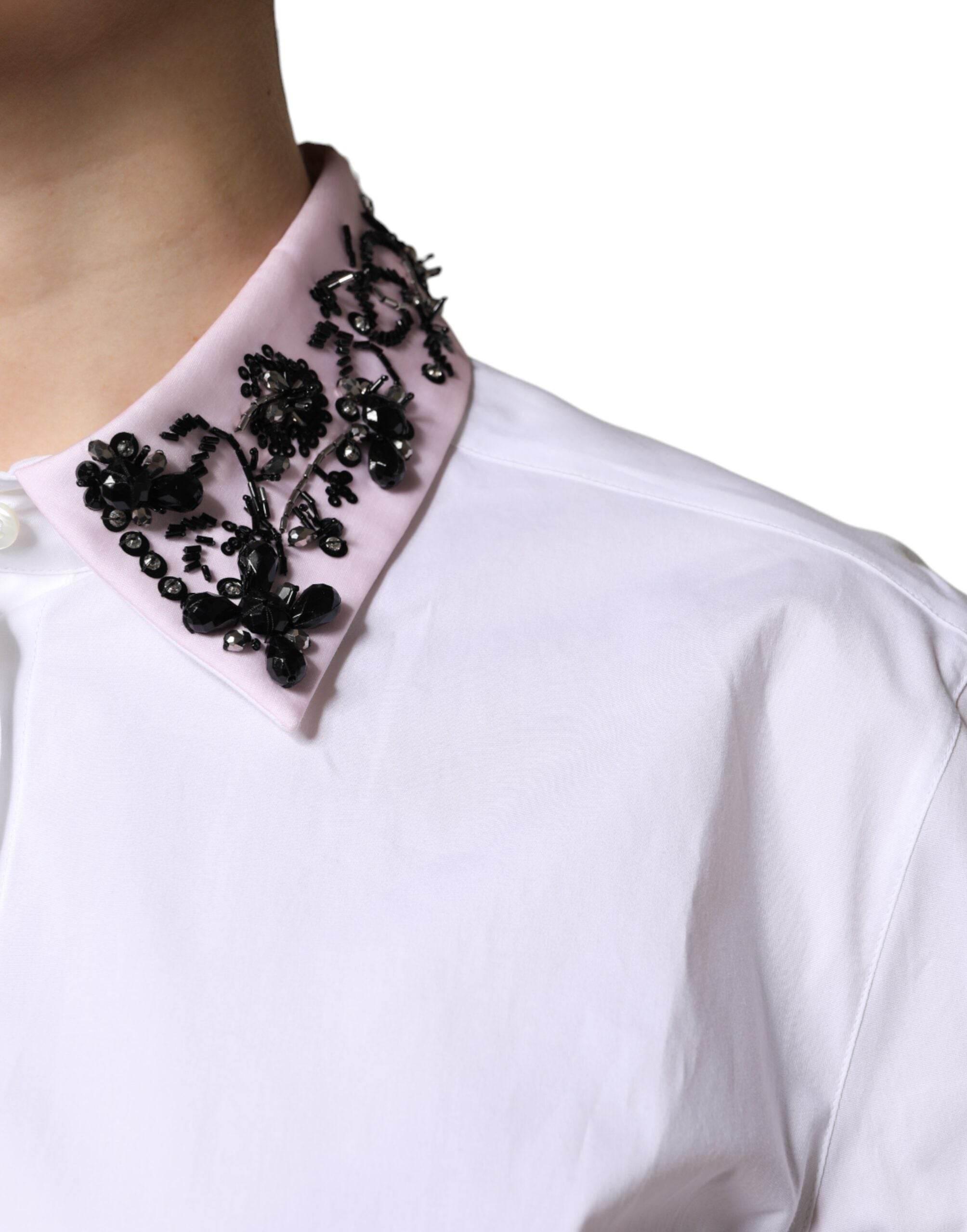 Dolce & Gabbana White Embellished Collared Dress Shirt Top - Hilstor