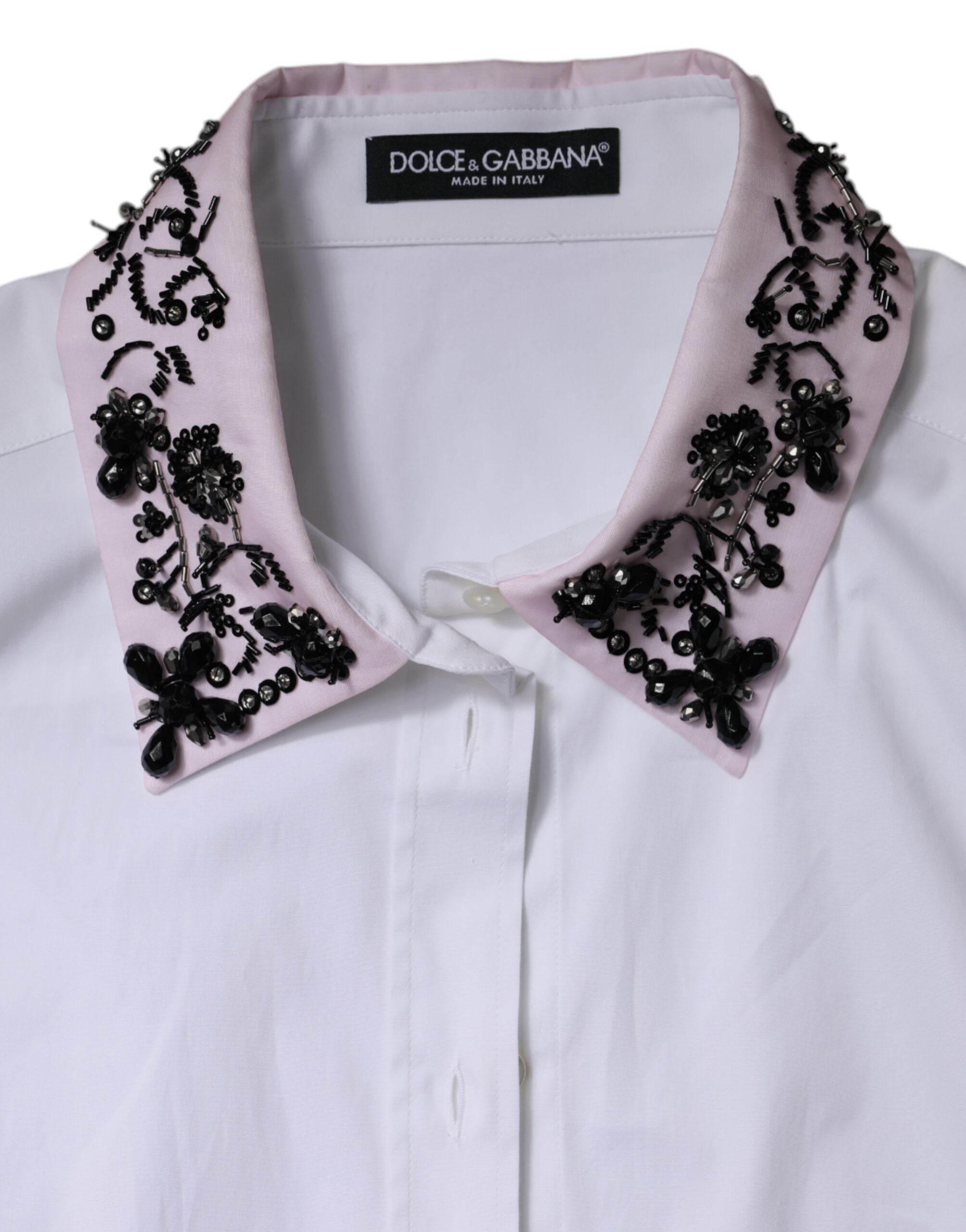Dolce & Gabbana White Embellished Collared Dress Shirt Top - Hilstor