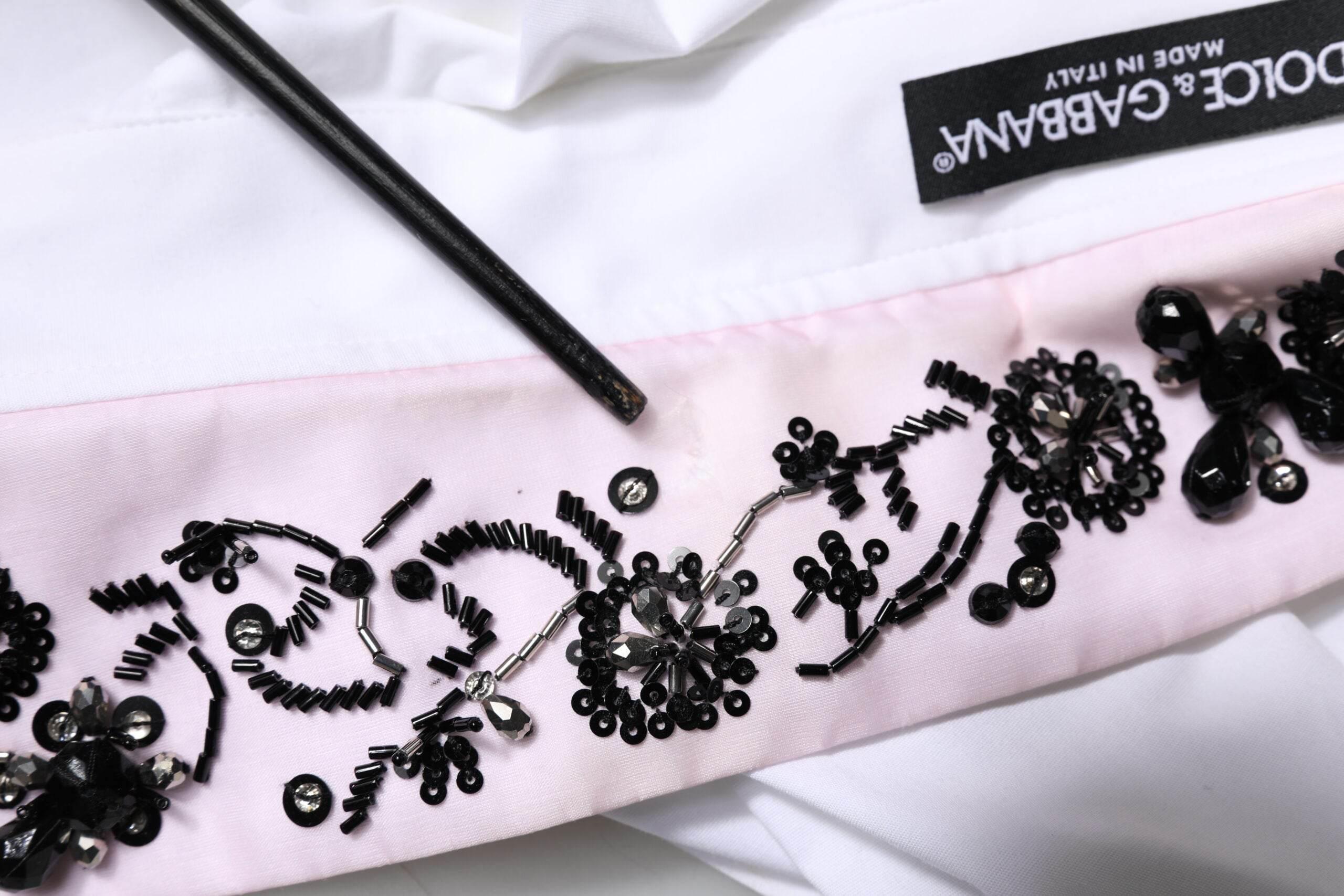 Dolce & Gabbana White Embellished Collared Dress Shirt Top - Hilstor