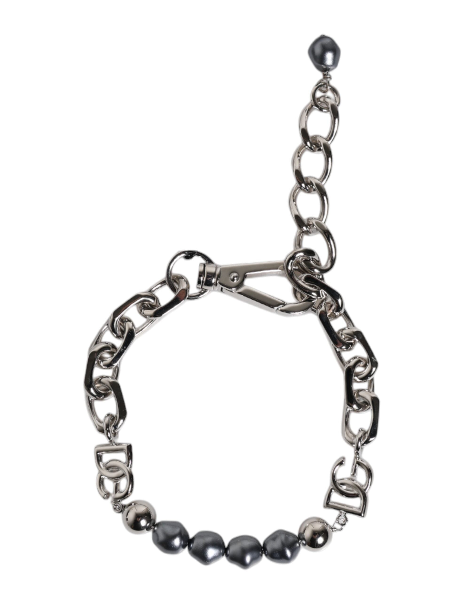Dolce &amp; Gabbana Silver Tone Chain Lobster Clasp Logo Grey Pearls Armbånd