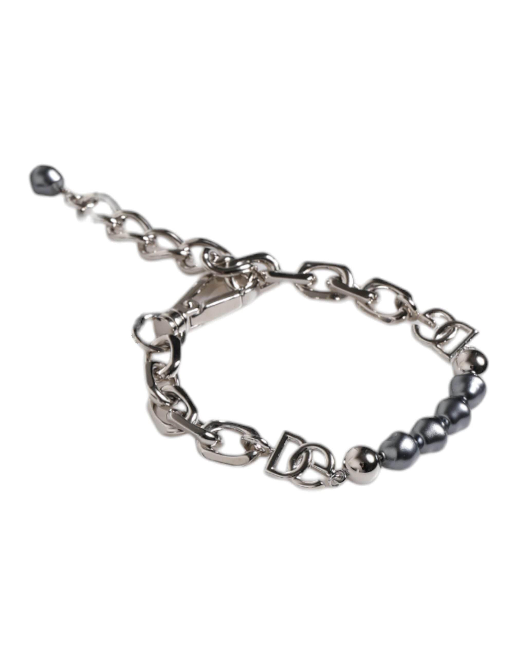 Dolce & Gabbana Silver Tone Chain Lobster Clasp Logo Gray Pearls Bracelet - Hilstor