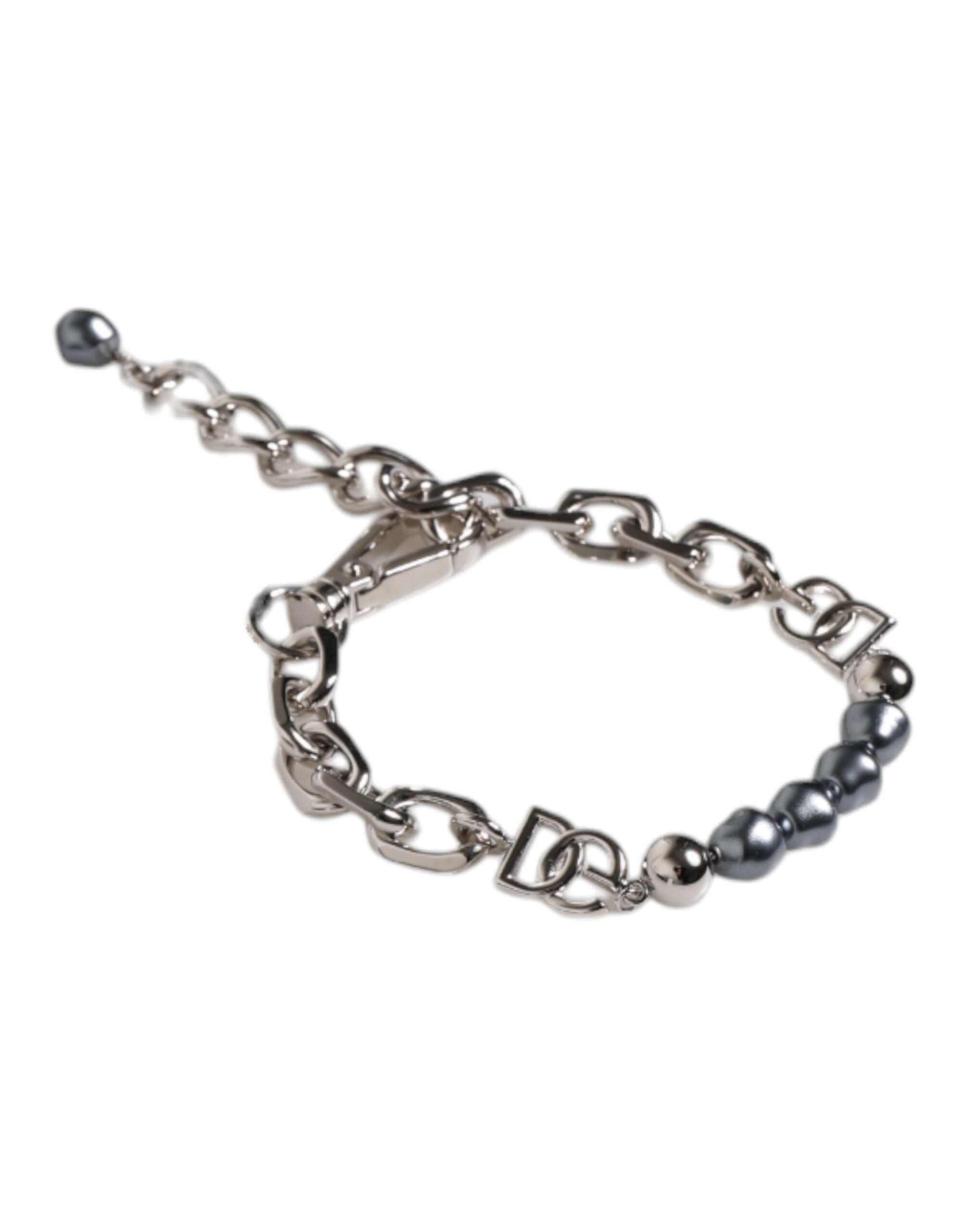 Dolce &amp; Gabbana Silver Tone Chain Lobster Clasp Logo Grey Pearls Armbånd