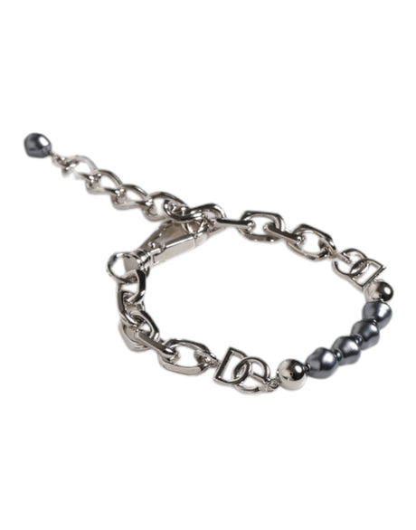 Dolce &amp; Gabbana Silver Tone Chain Lobster Clasp Logo Grey Pearls Armbånd