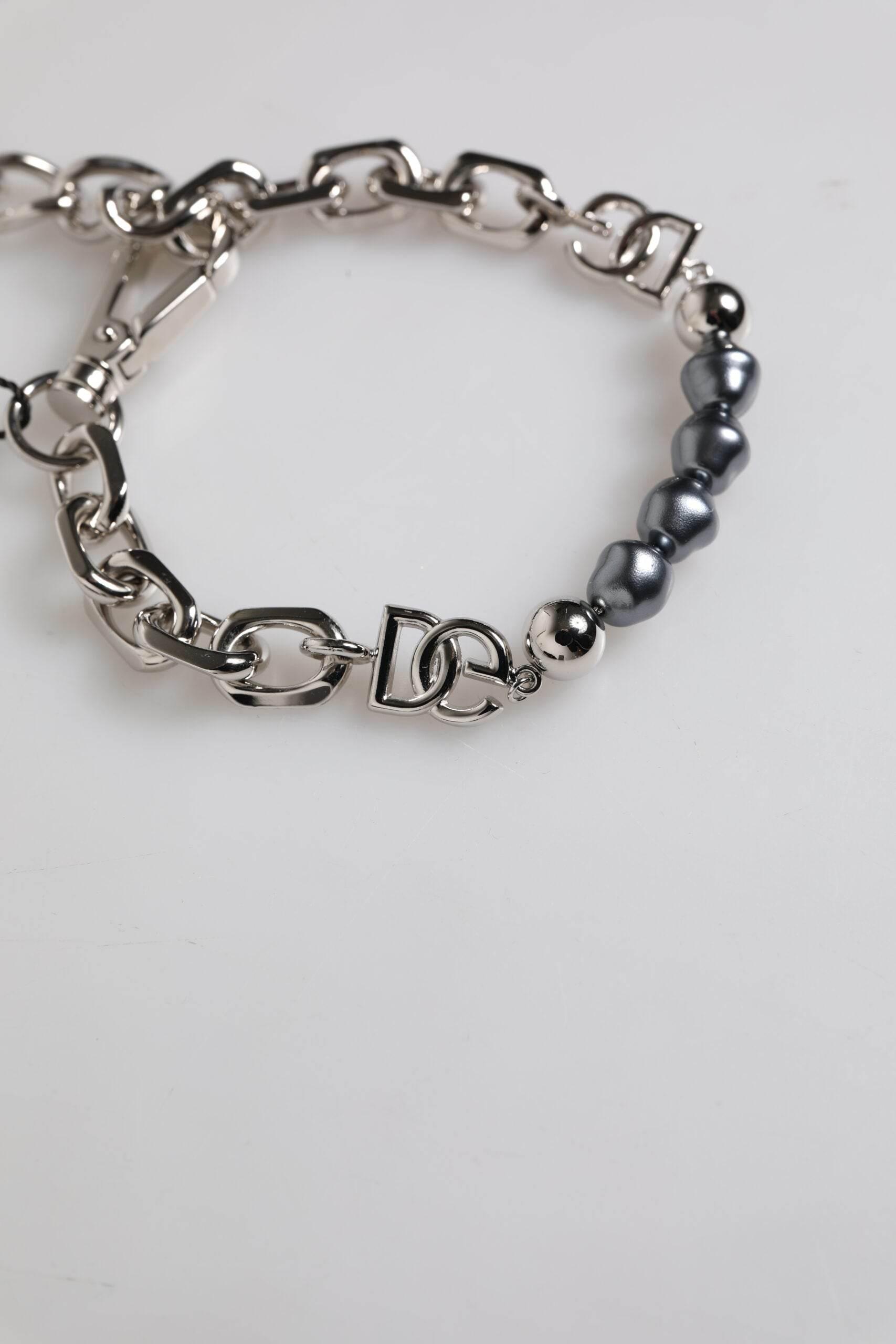 Dolce & Gabbana Silver Tone Chain Lobster Clasp Logo Gray Pearls Bracelet - Hilstor