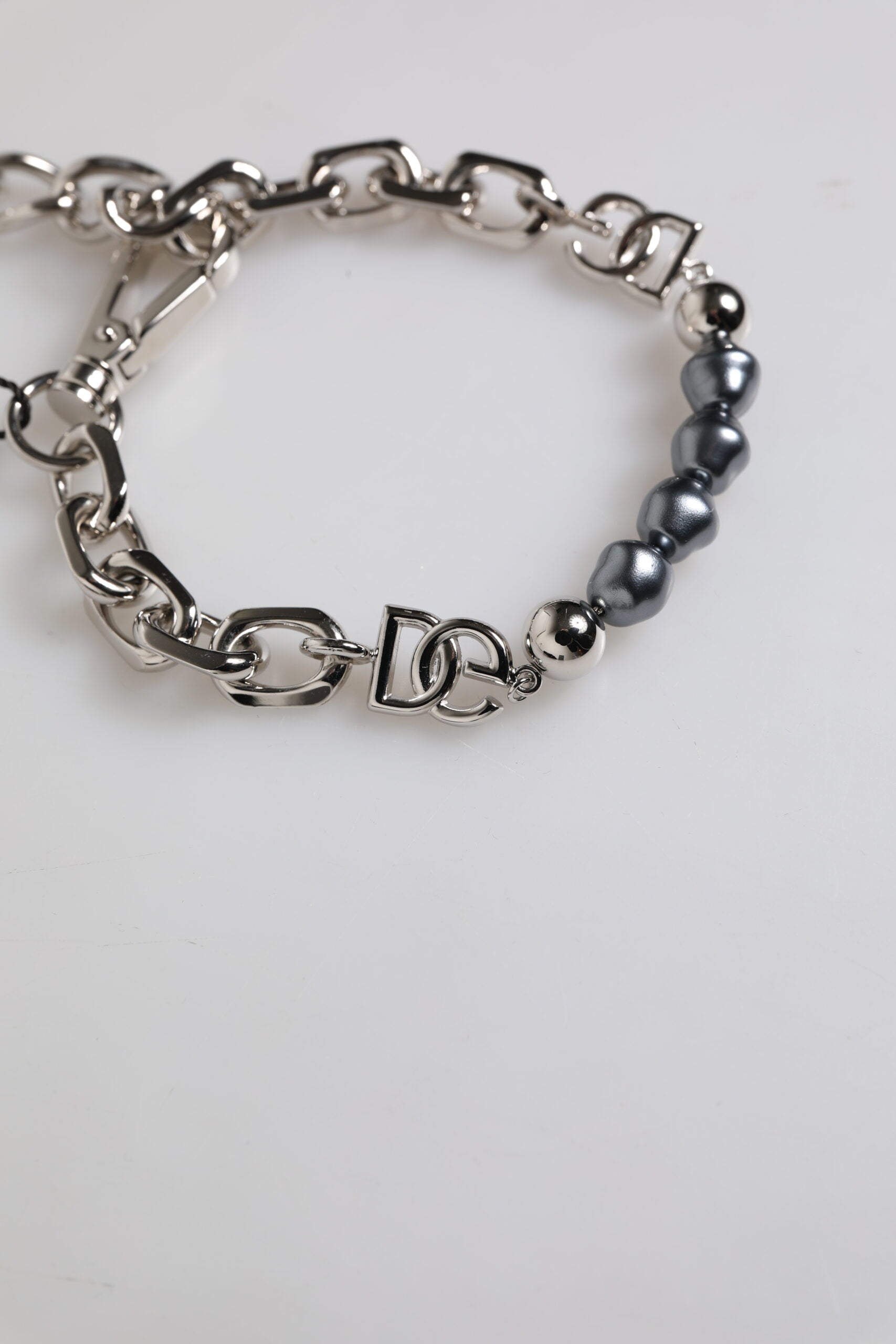 Dolce &amp; Gabbana Silver Tone Chain Lobster Clasp Logo Grey Pearls Armbånd