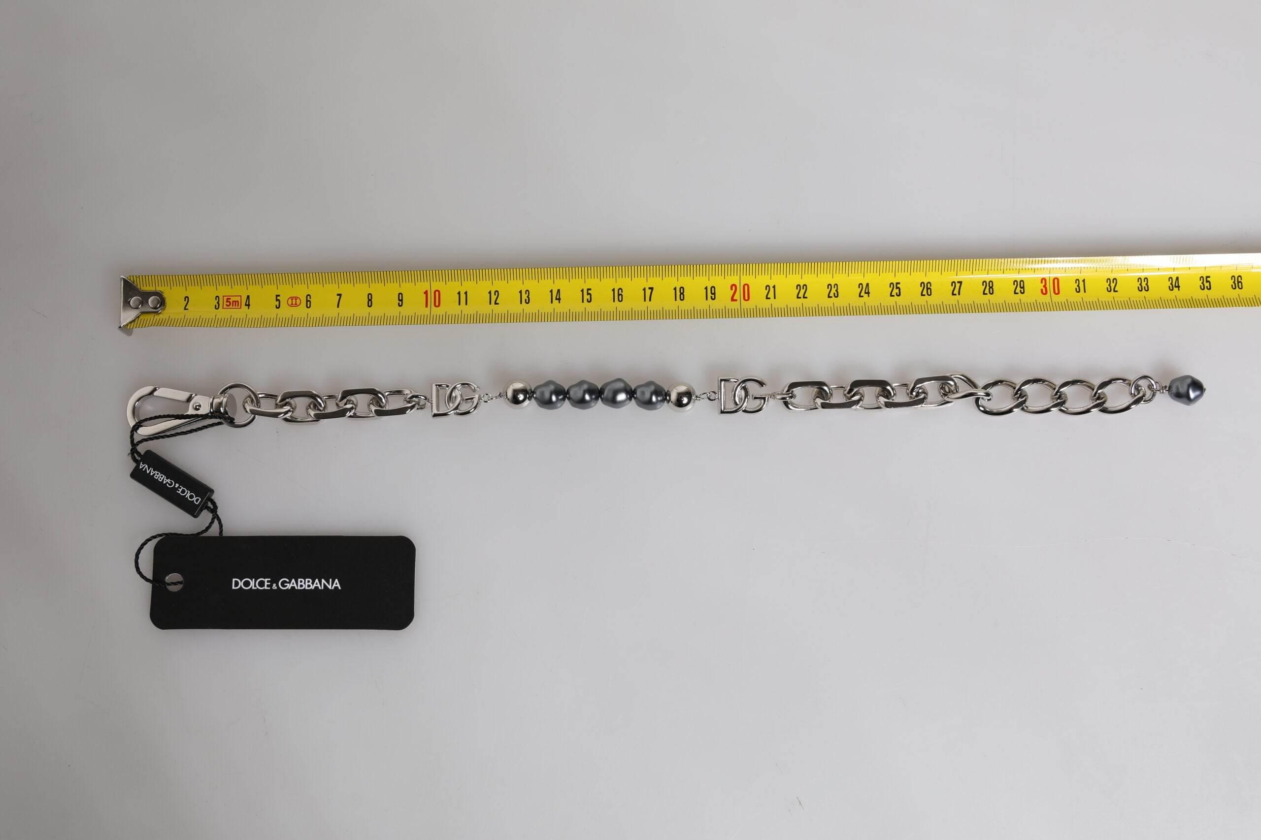 Dolce & Gabbana Silver Tone Chain Lobster Clasp Logo Gray Pearls Bracelet - Hilstor
