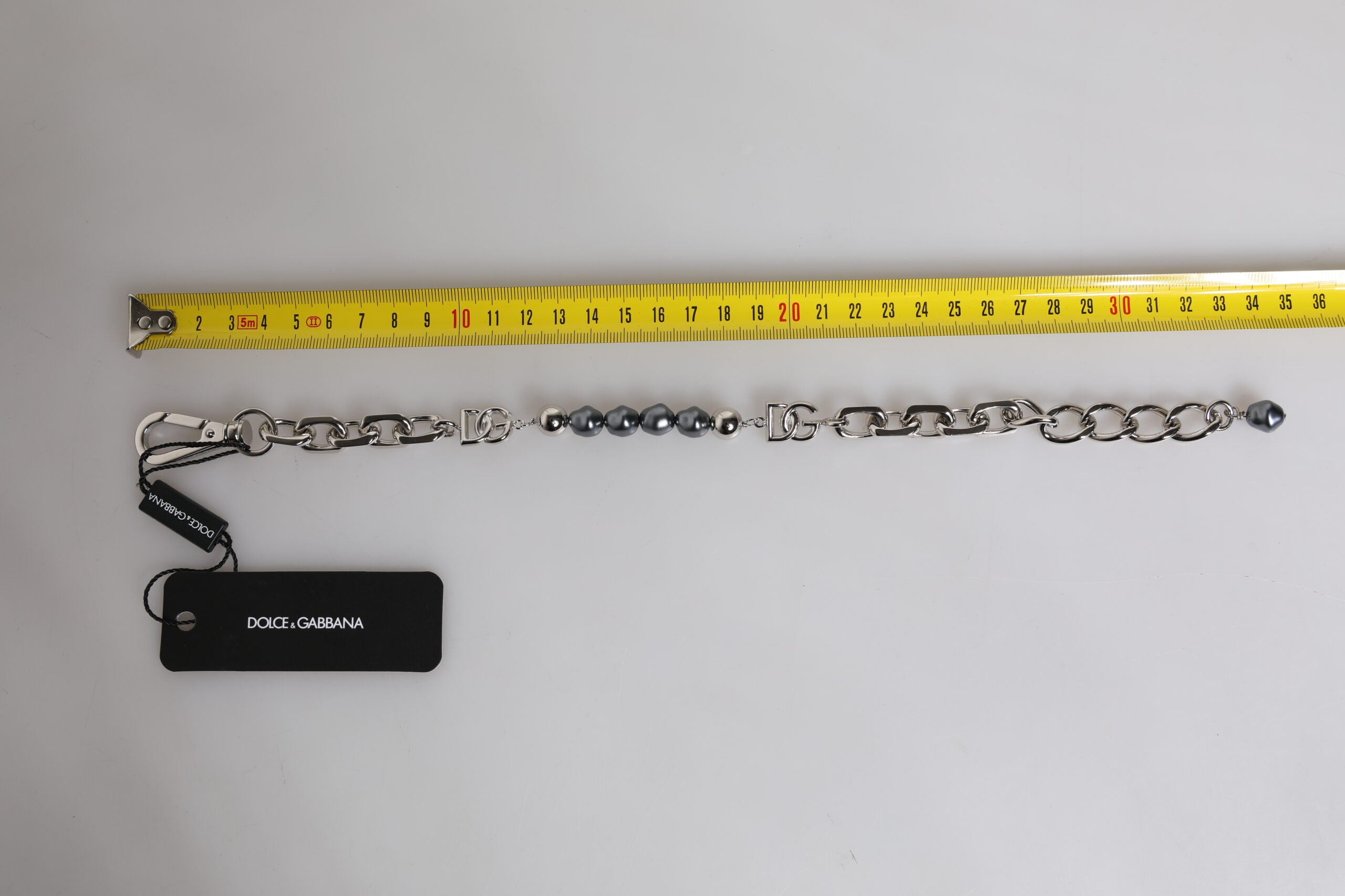 Dolce &amp; Gabbana Silver Tone Chain Lobster Clasp Logo Grey Pearls Armbånd