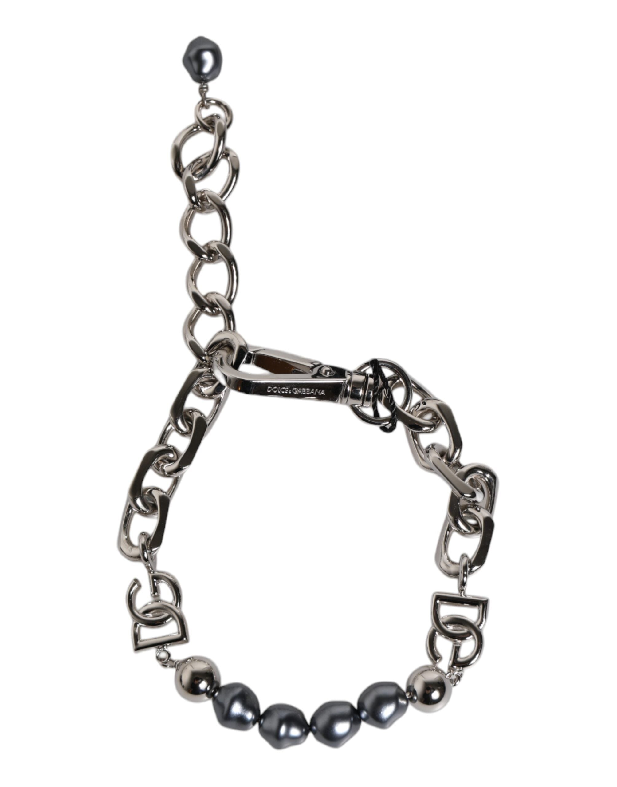 Dolce &amp; Gabbana Silver Tone Chain Lobster Clasp Logo Grey Pearls Armbånd
