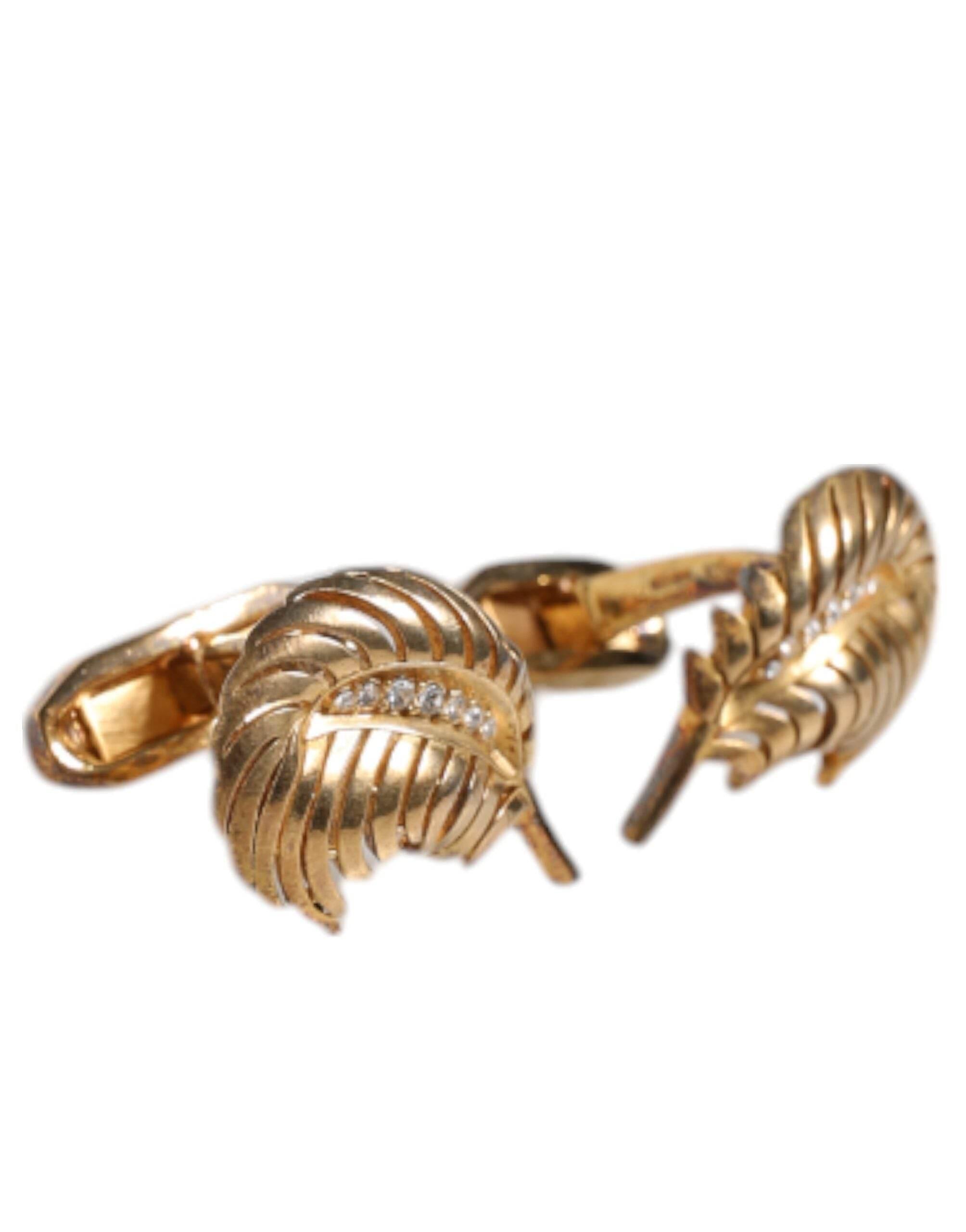Dolce & Gabbana Gold 925 Sterling Silver Crystal Leaf Accessory Cufflink - Hilstor