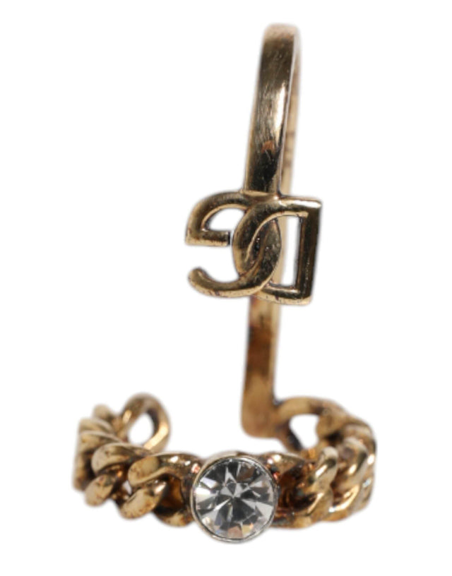 Dolce & Gabbana Gold Tone Engraved Logo Clear Crystals Adjustable Ring - Hilstor