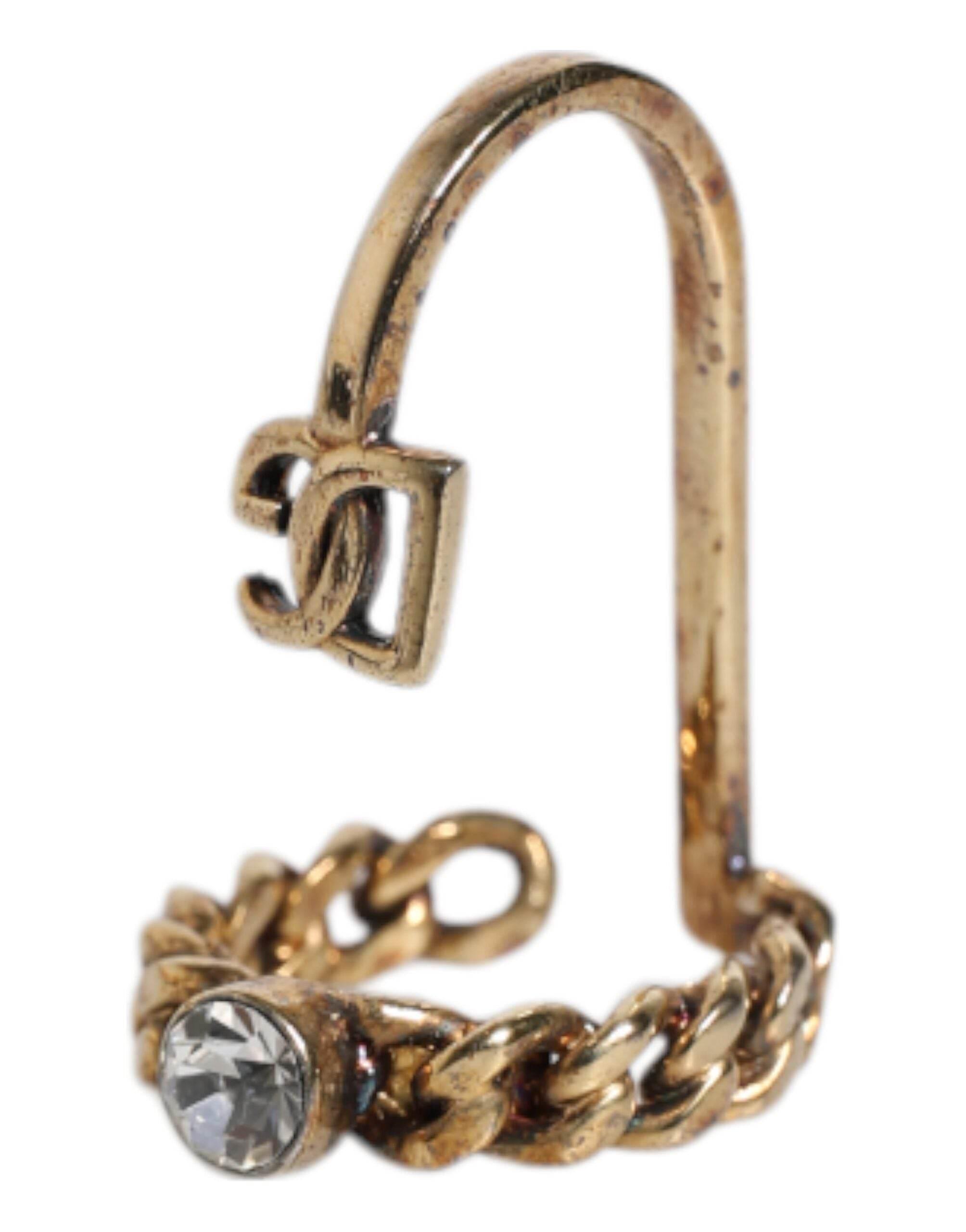 Dolce & Gabbana Gold Tone Engraved Logo Clear Crystals Adjustable Ring - Hilstor