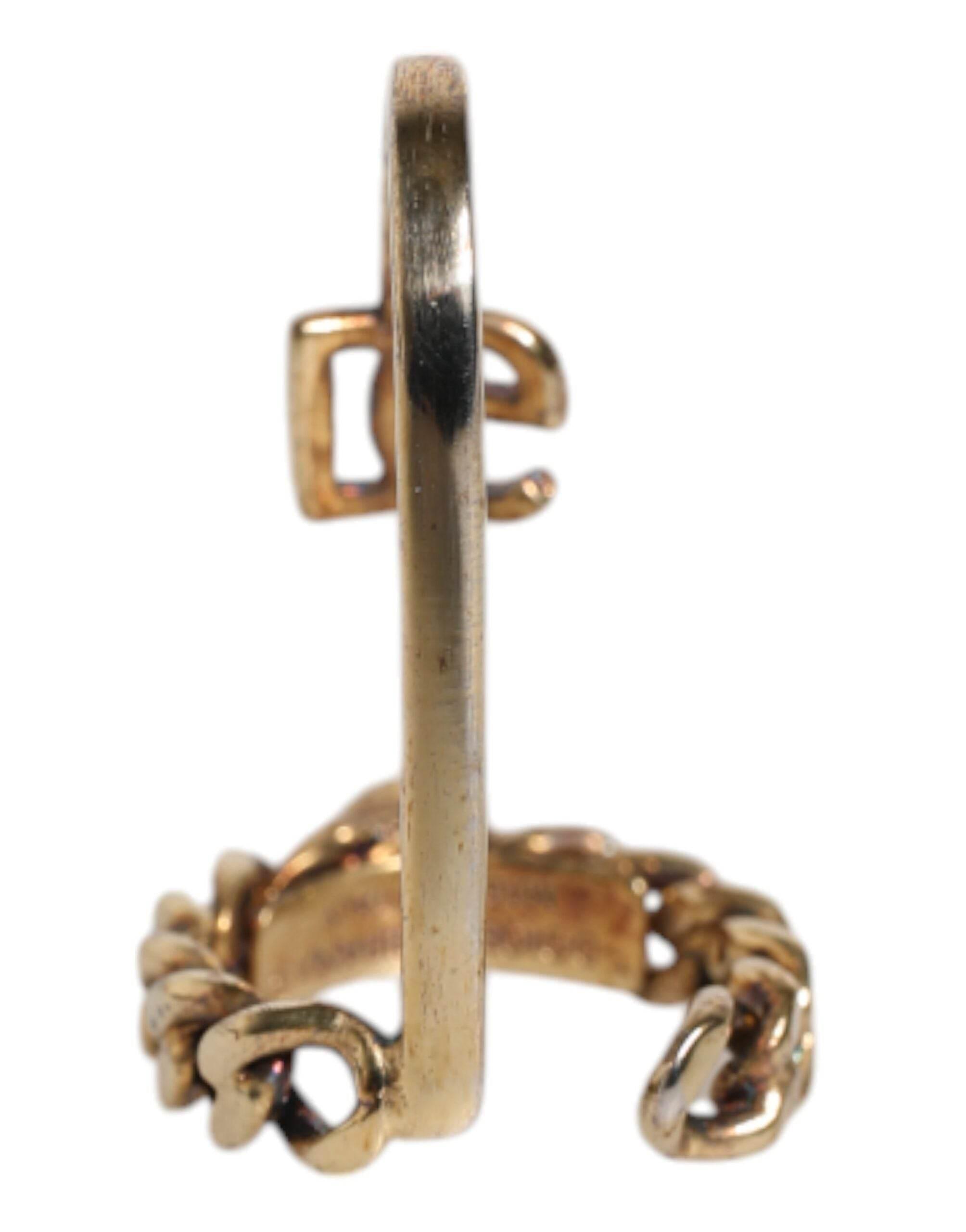 Dolce & Gabbana Gold Tone Engraved Logo Clear Crystals Adjustable Ring - Hilstor