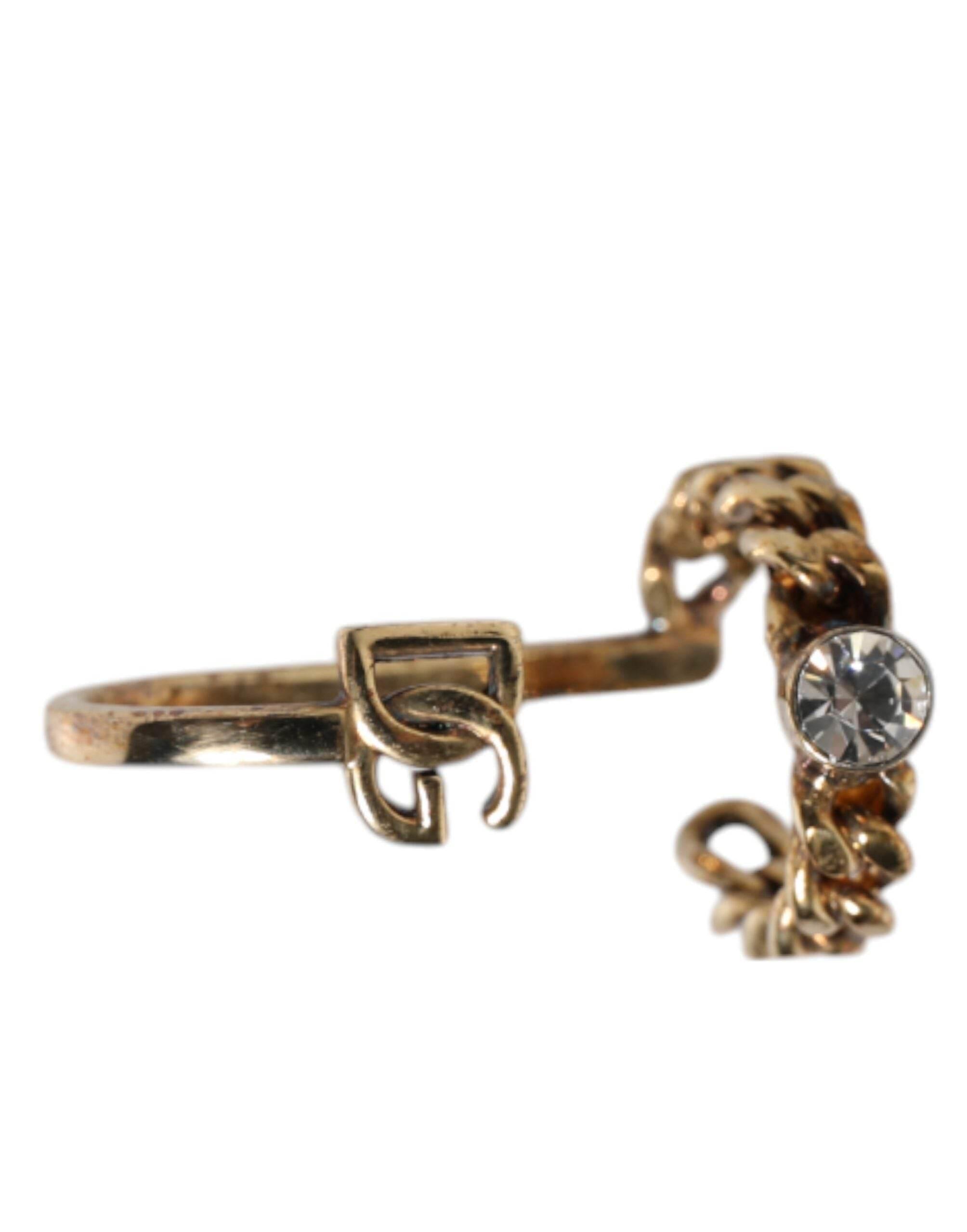 Dolce & Gabbana Gold Tone Engraved Logo Clear Crystals Adjustable Ring - Hilstor