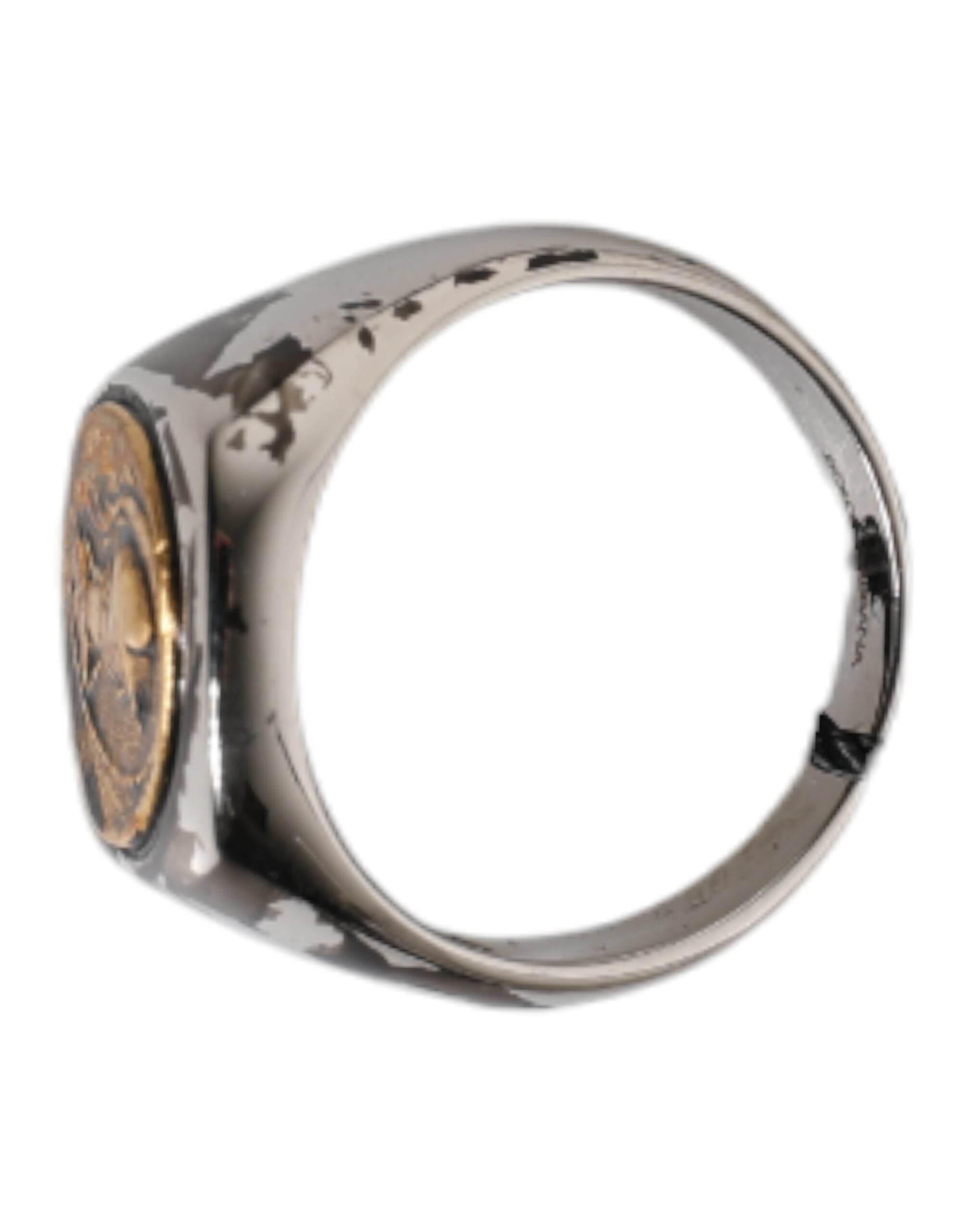 Dolce & Gabbana Silver Tone Engraved Two Color Real Brass Ring - Hilstor