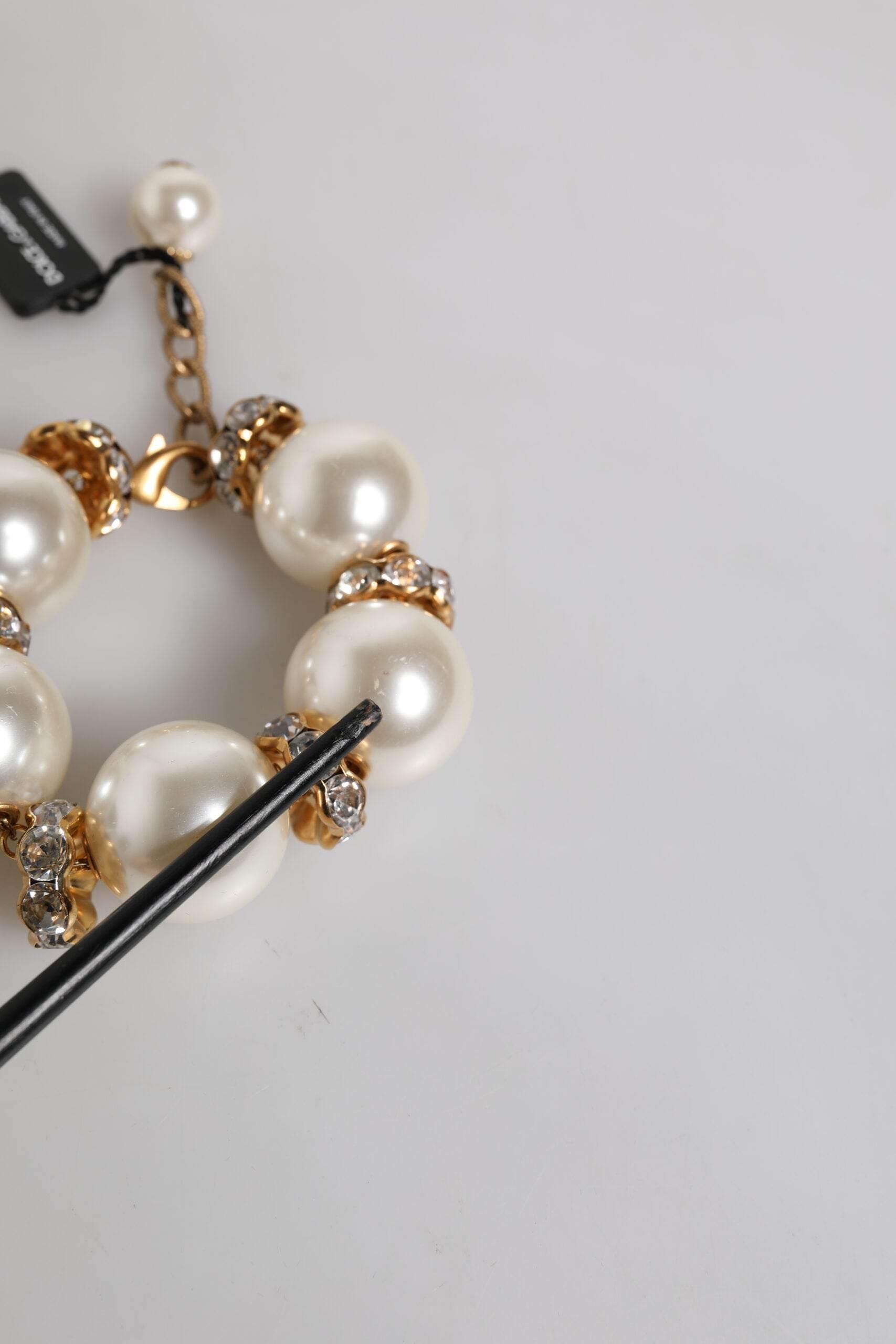 Dolce & Gabbana Gold Tone Brass Maxi Pearl Lobster Clasp Logo Bracelet - Hilstor