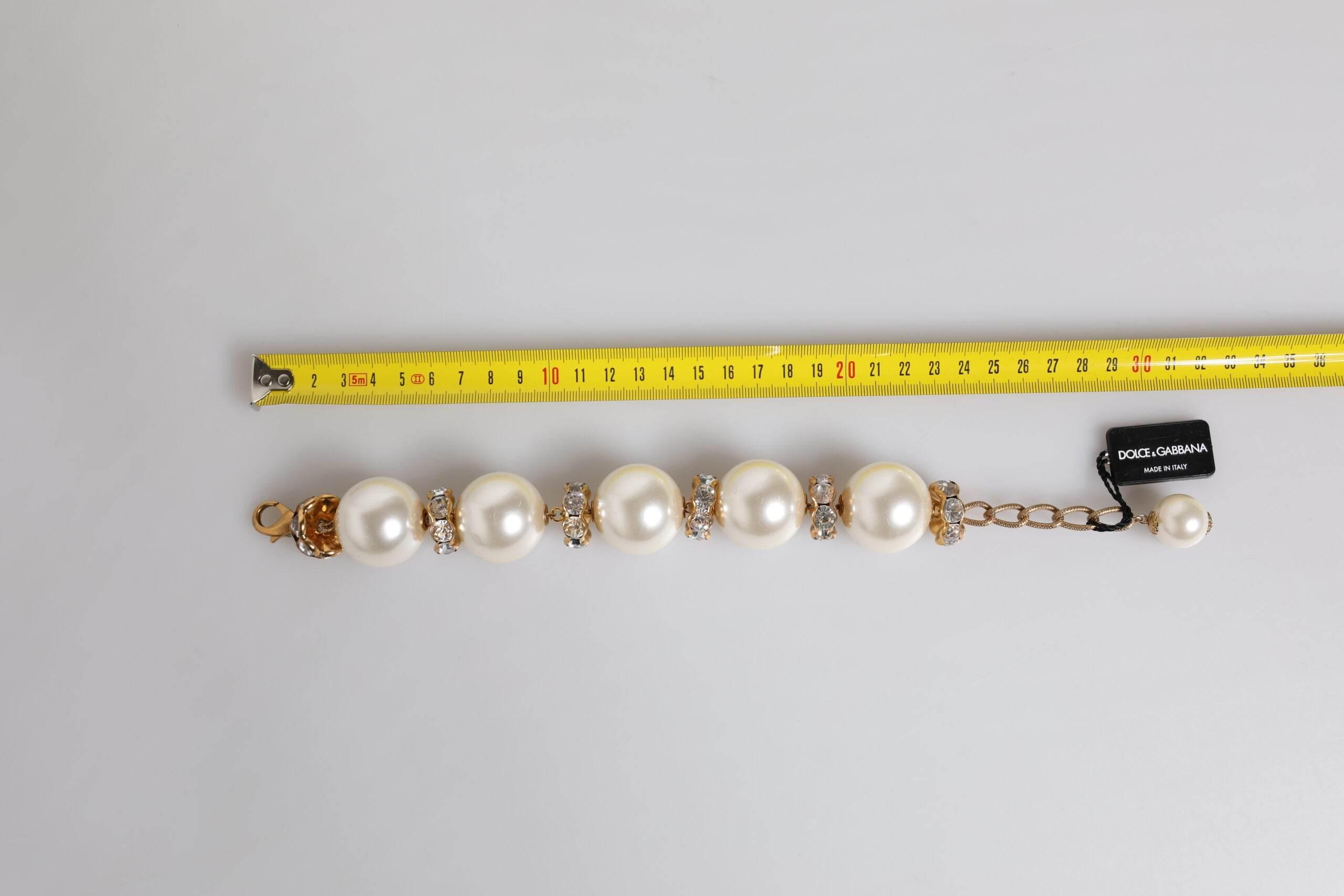Dolce & Gabbana Gold Tone Brass Maxi Pearl Lobster Clasp Logo Bracelet - Hilstor