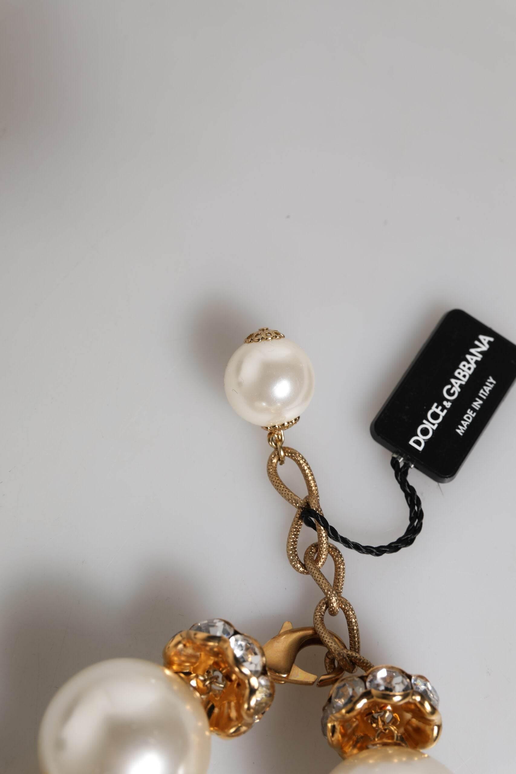 Dolce & Gabbana Gold Tone Brass Maxi Pearl Lobster Clasp Logo Bracelet - Hilstor