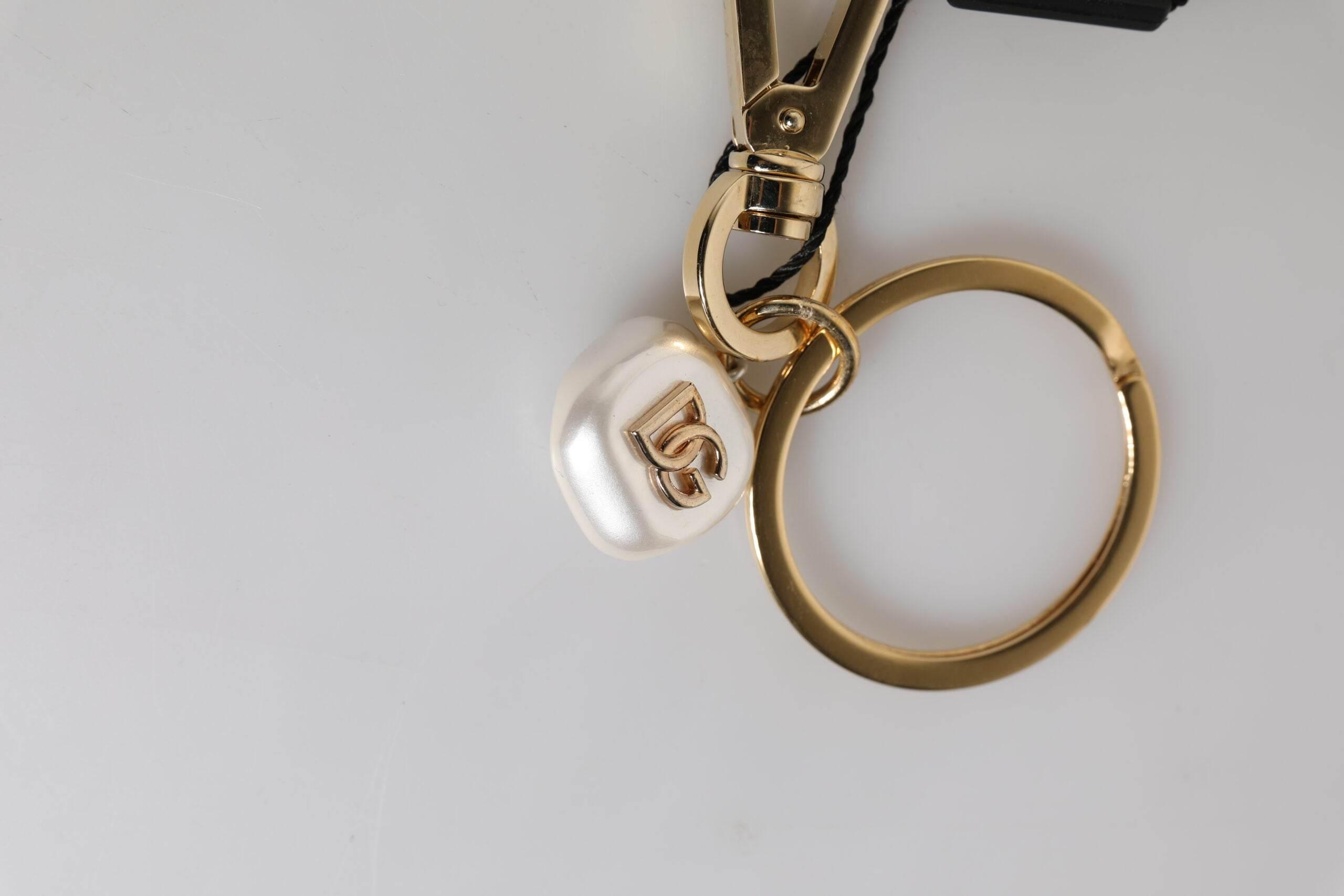 Dolce & Gabbana Chic Gold Brass Faux Pearl Letter Charm Keyring Keychain - Hilstor