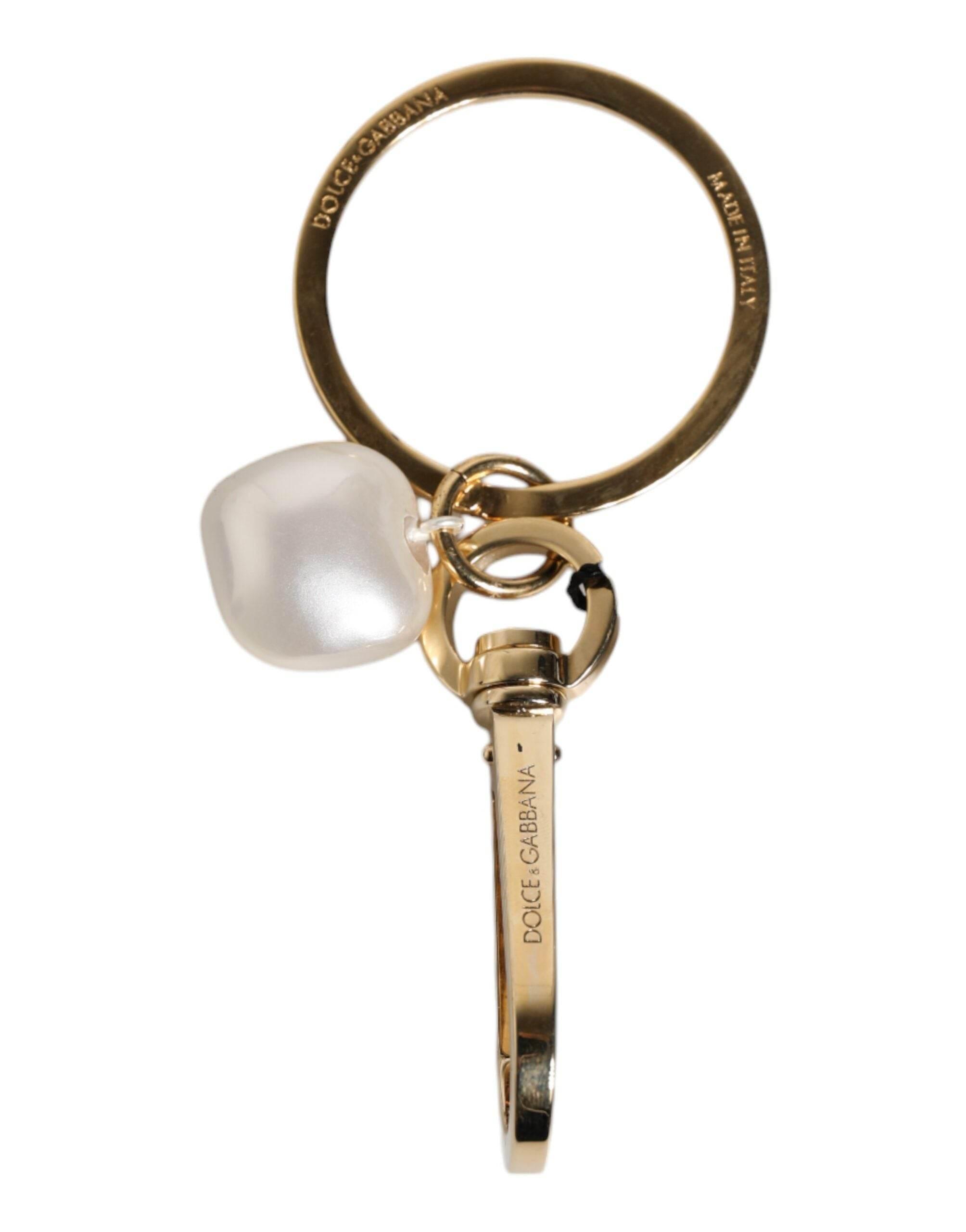 Dolce & Gabbana Chic Gold Brass Faux Pearl Letter Charm Keyring Keychain - Hilstor