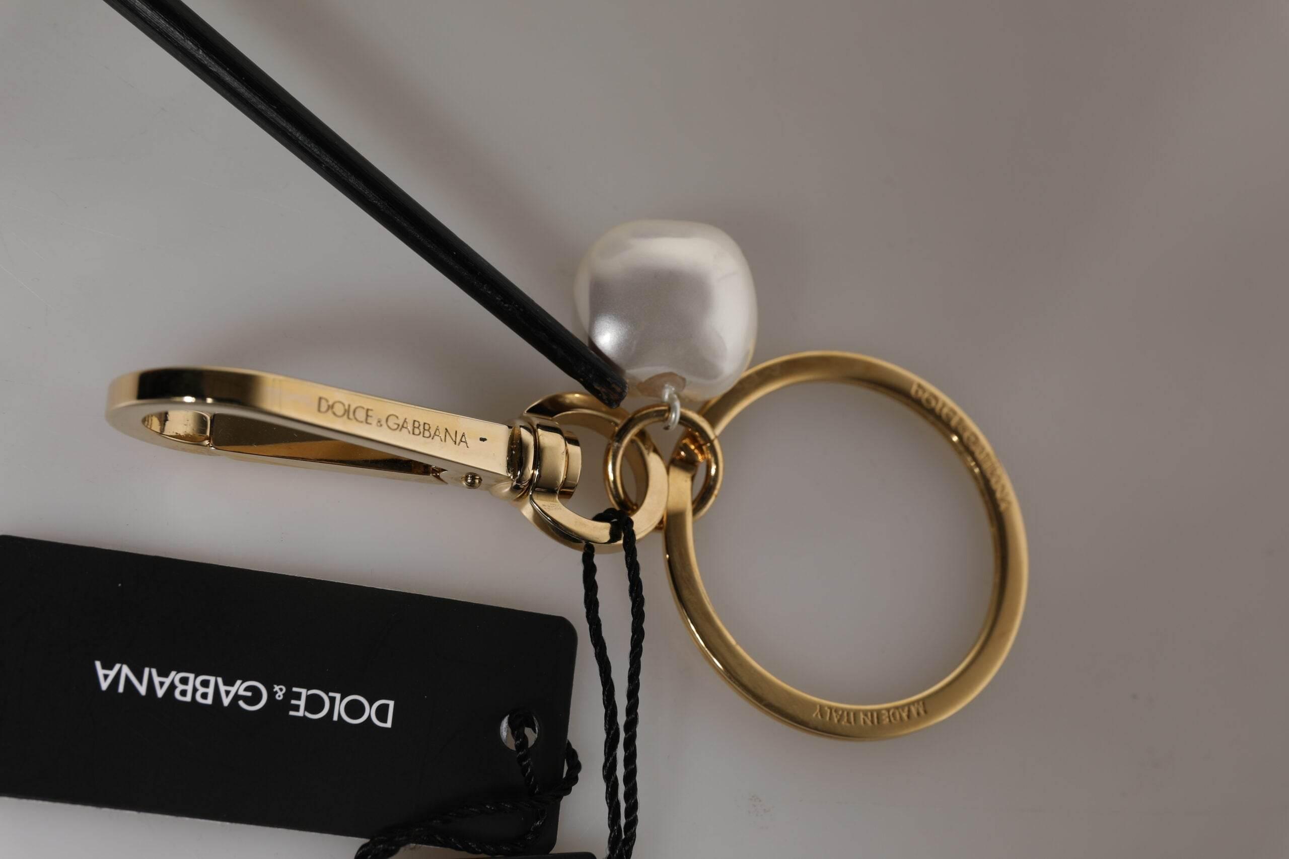 Dolce & Gabbana Chic Gold Brass Faux Pearl Letter Charm Keyring Keychain - Hilstor