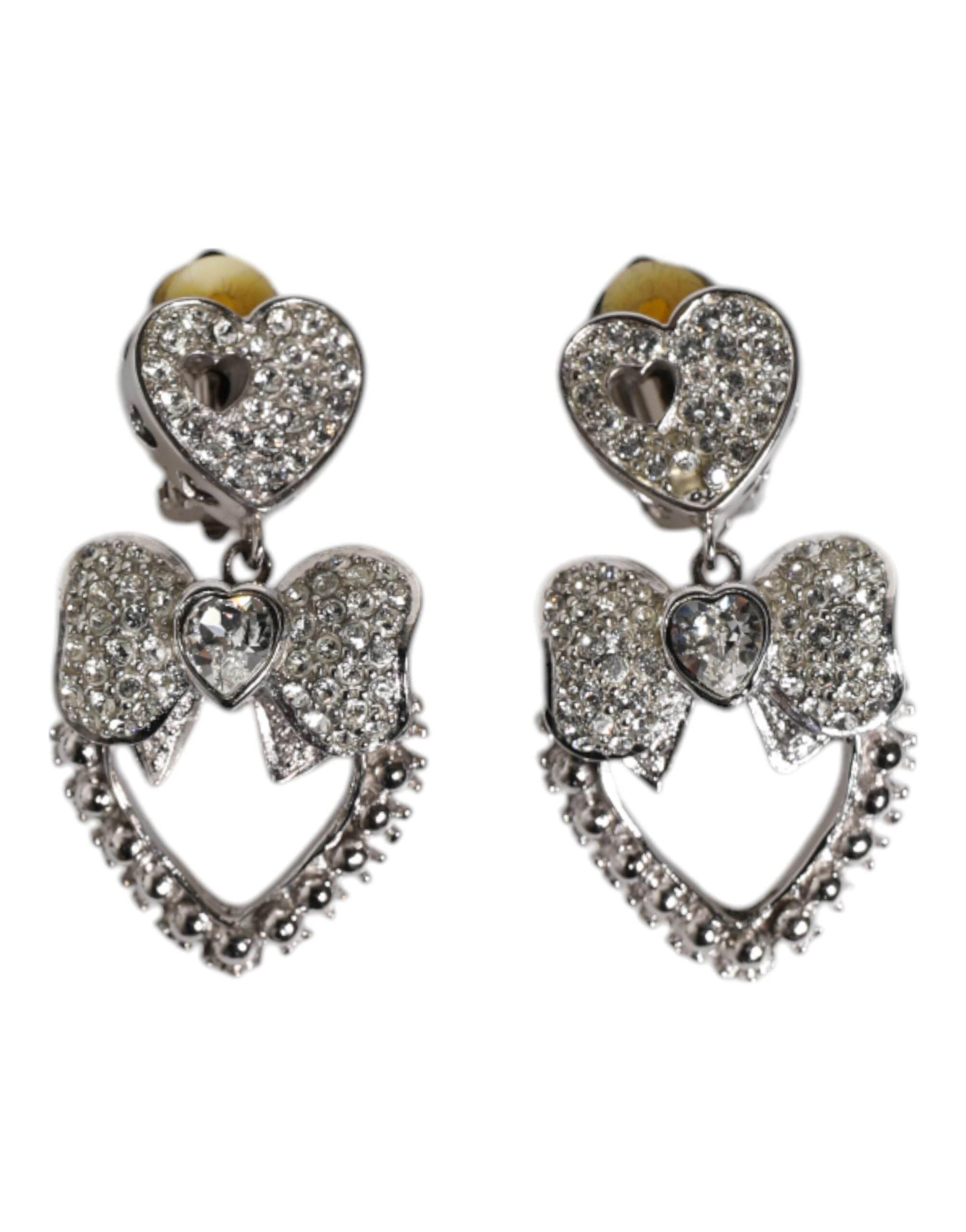 Dolce & Gabbana Silver Heart Bow Rhinestones Dangle Clip-On Earrings - Hilstor