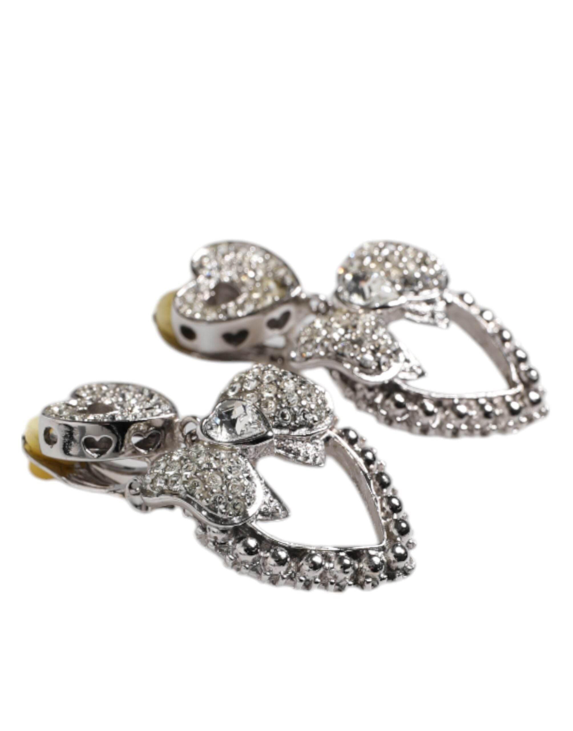 Dolce & Gabbana Silver Heart Bow Rhinestones Dangle Clip-On Earrings - Hilstor