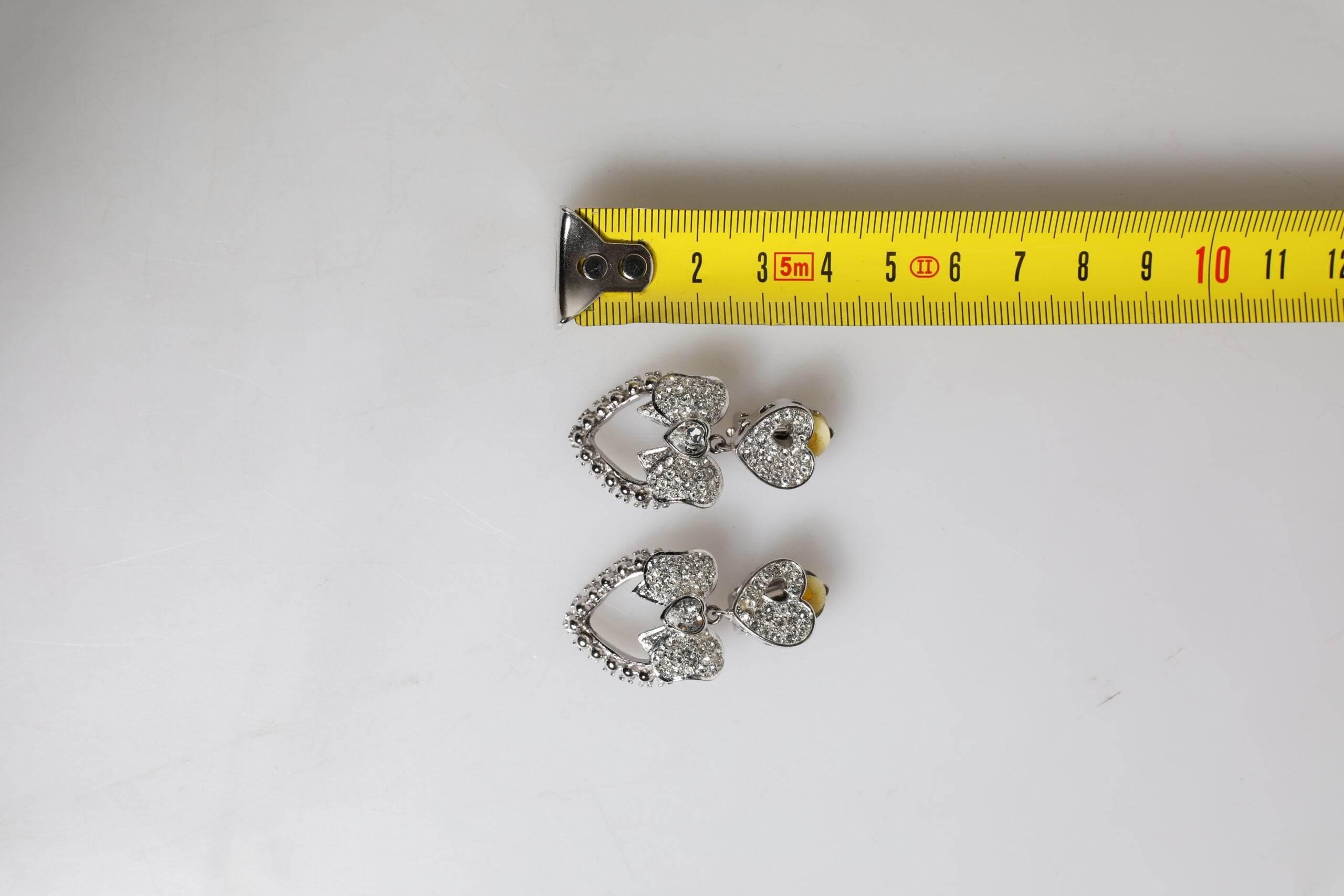 Dolce & Gabbana Silver Heart Bow Rhinestones Dangle Clip-On Earrings - Hilstor