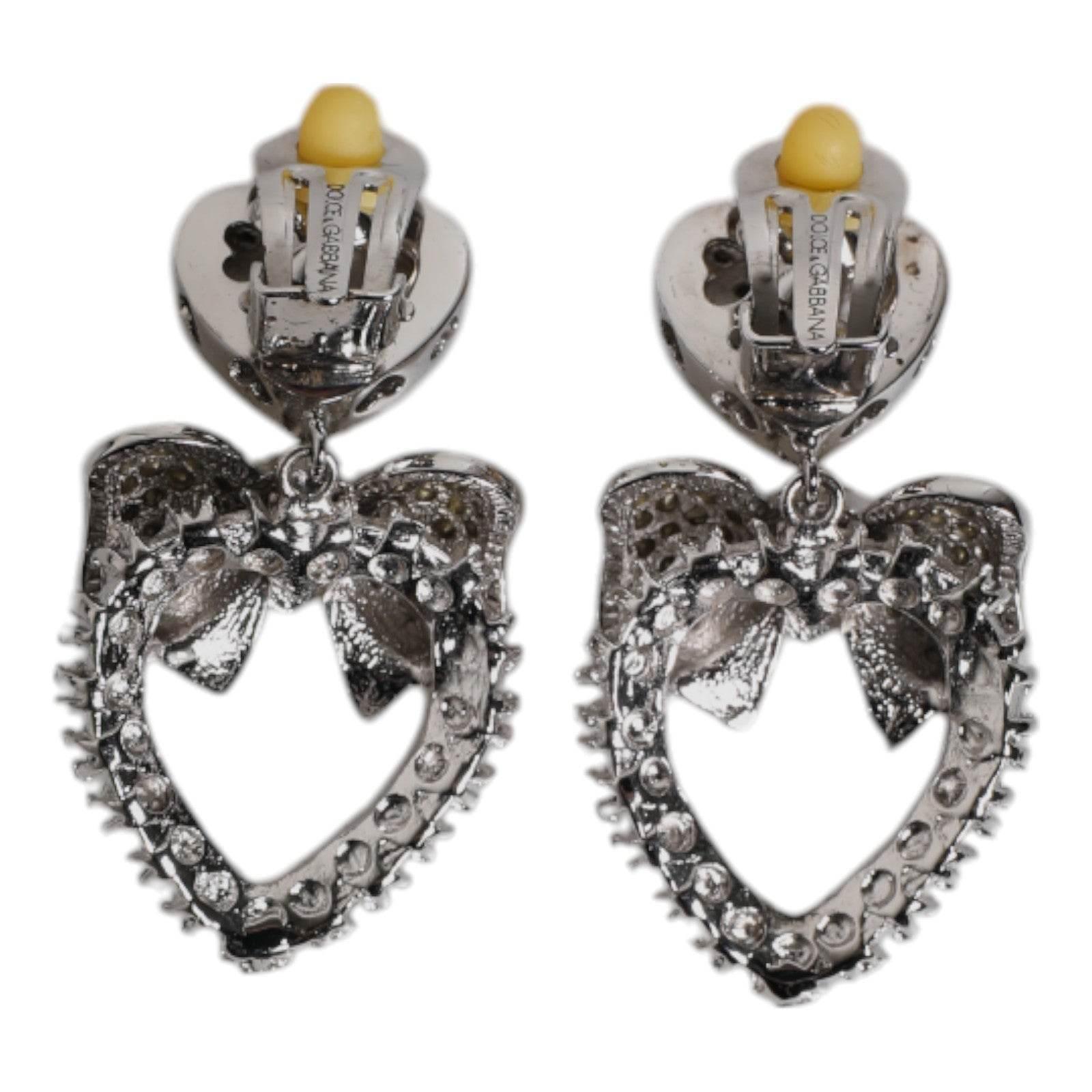 Dolce & Gabbana Silver Heart Bow Rhinestones Dangle Clip-On Earrings - Hilstor
